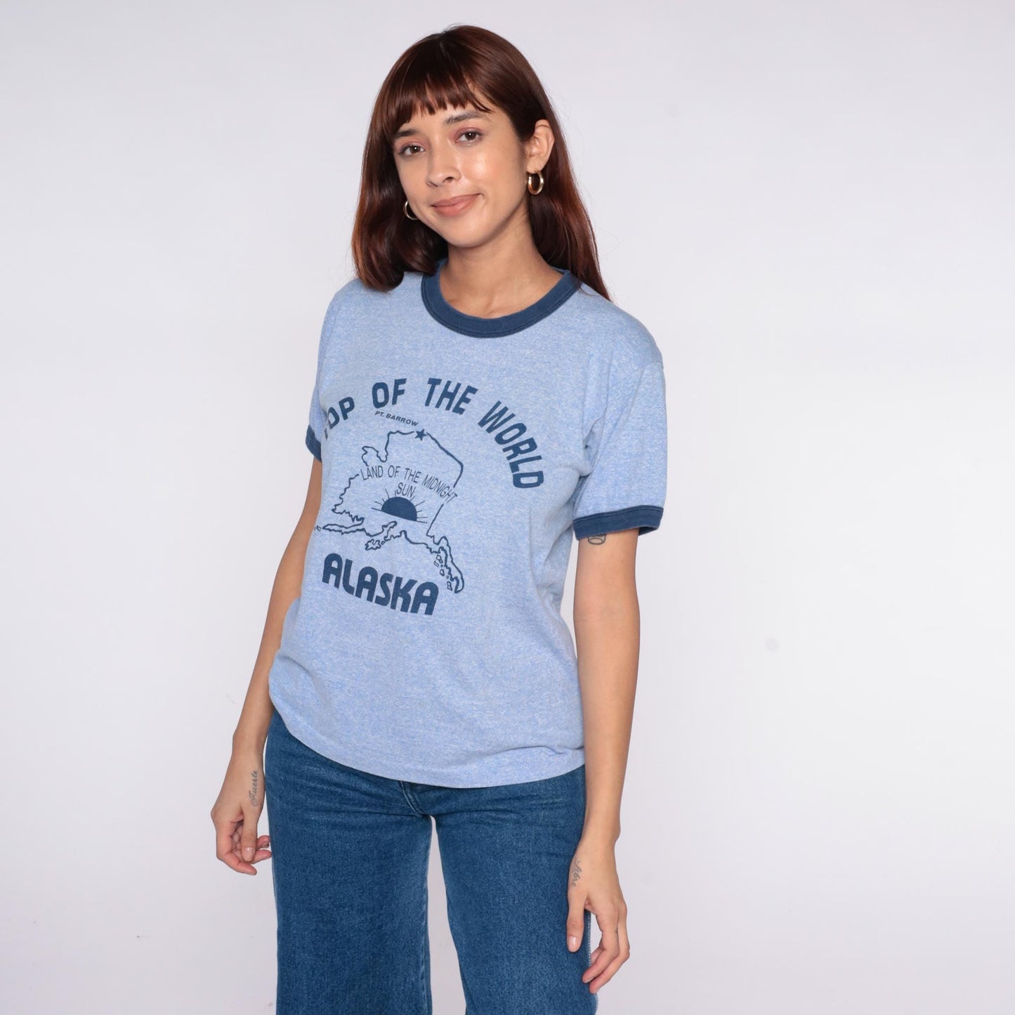 80s Alaska Tourist Ringer Tee Light Blue Navy Trim Graphic Medium