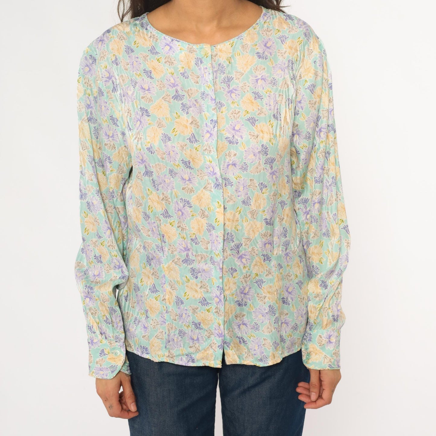 80s Evan Picone Silk Floral Blouse Mint Green Puff Sleeve Large L