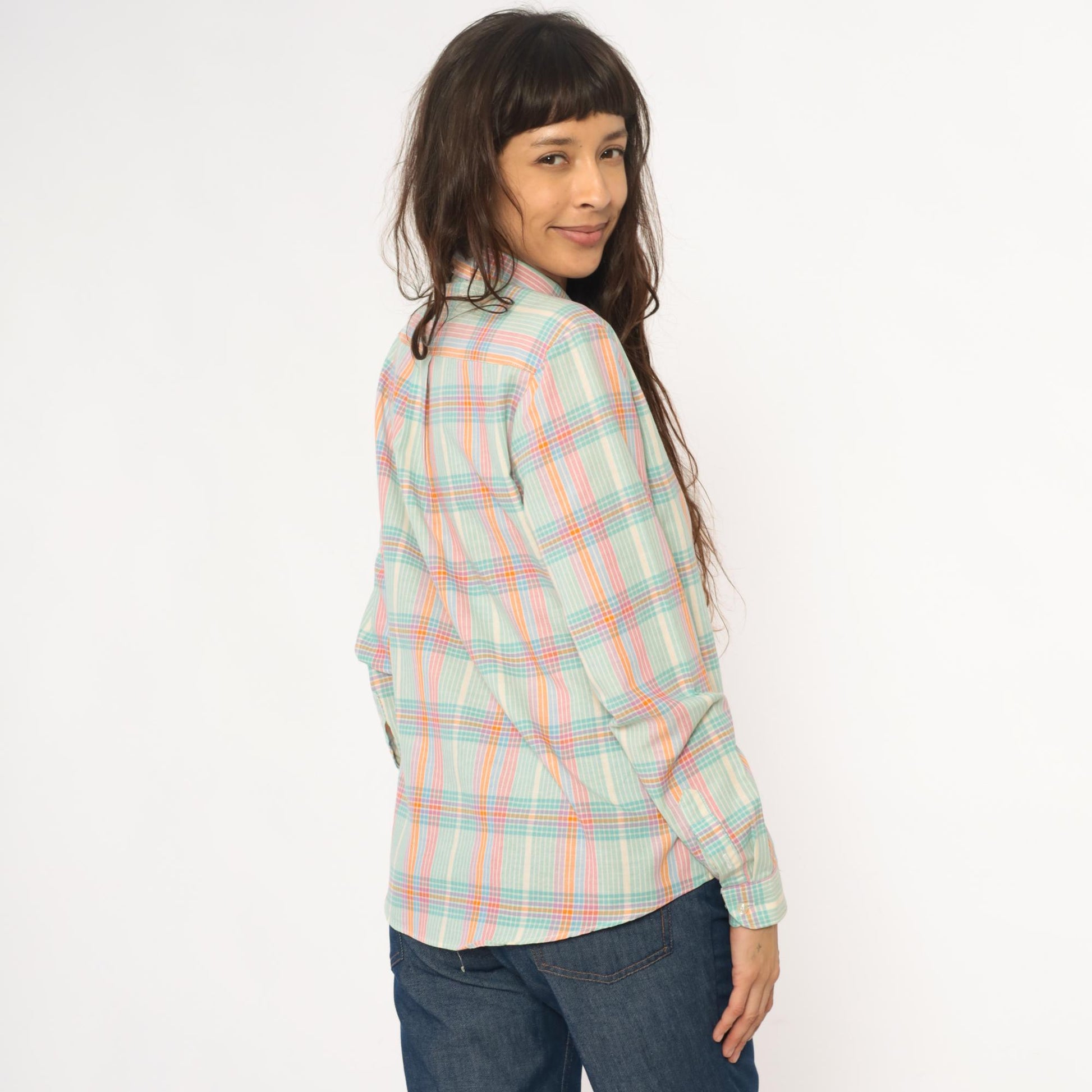 90s Pastel Plaid Button-Down Shirt Long Sleeve Collared Medium M