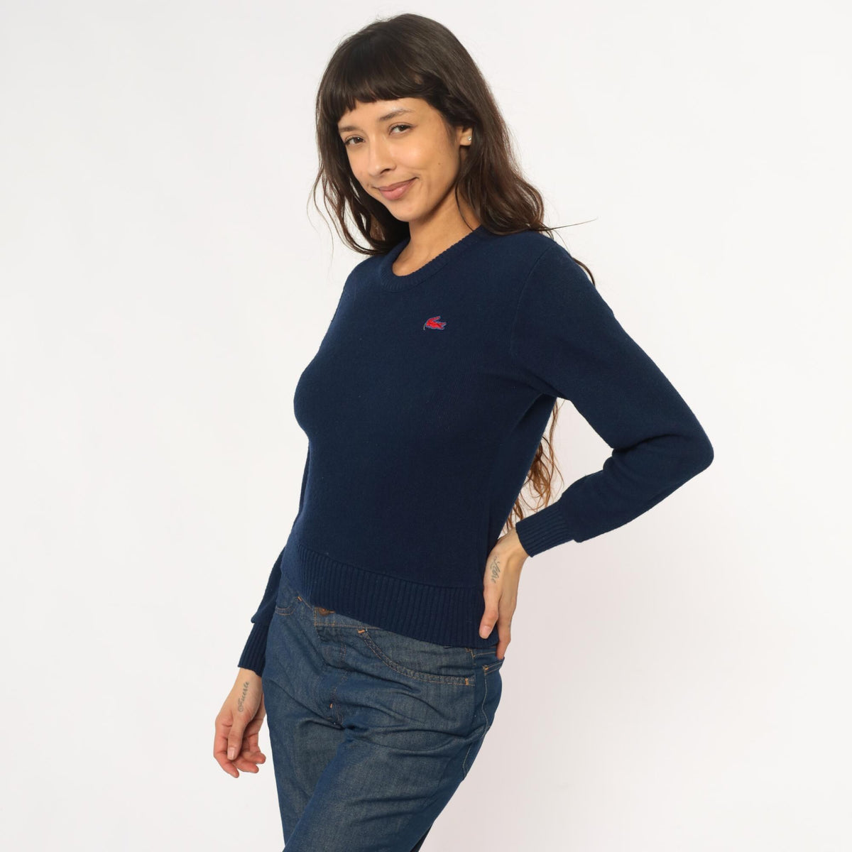Izod Lacoste Navy Crew Neck Sweater 80s Crocodile Logo Pullover Small