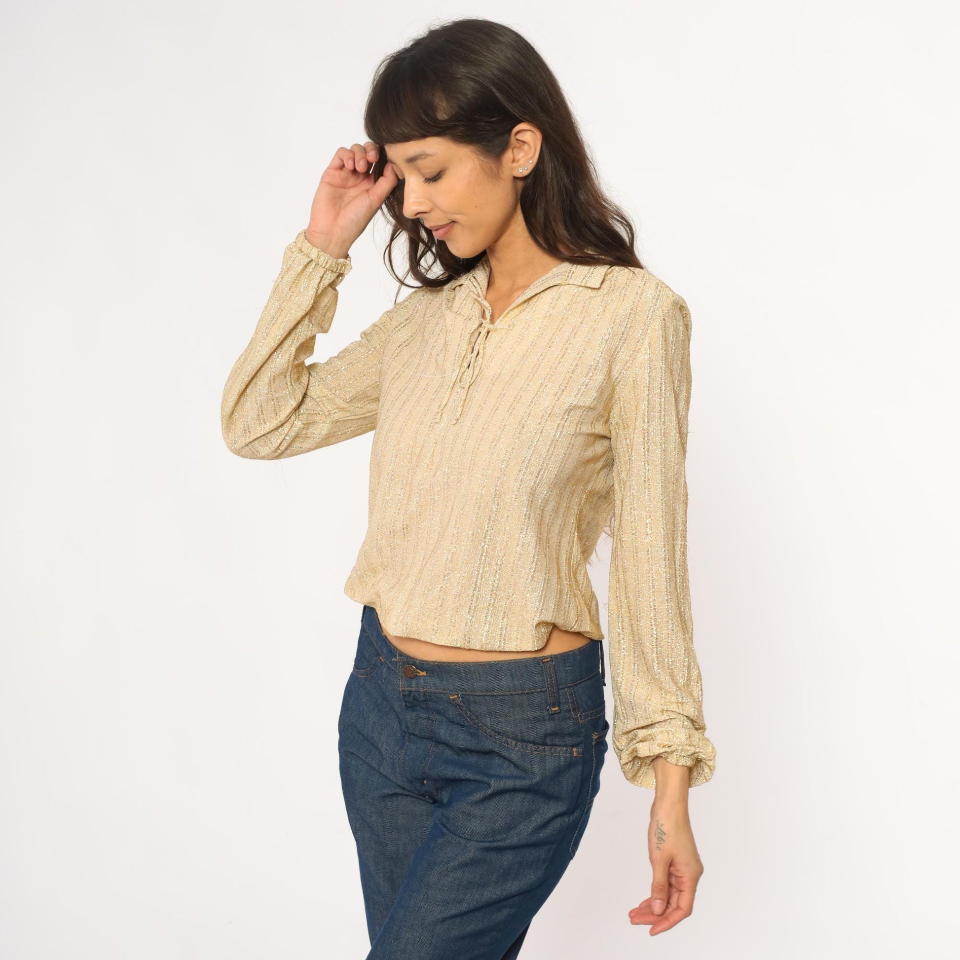 70s Judy Bond Gold Metallic Blouse Champagne Disco Collar Small