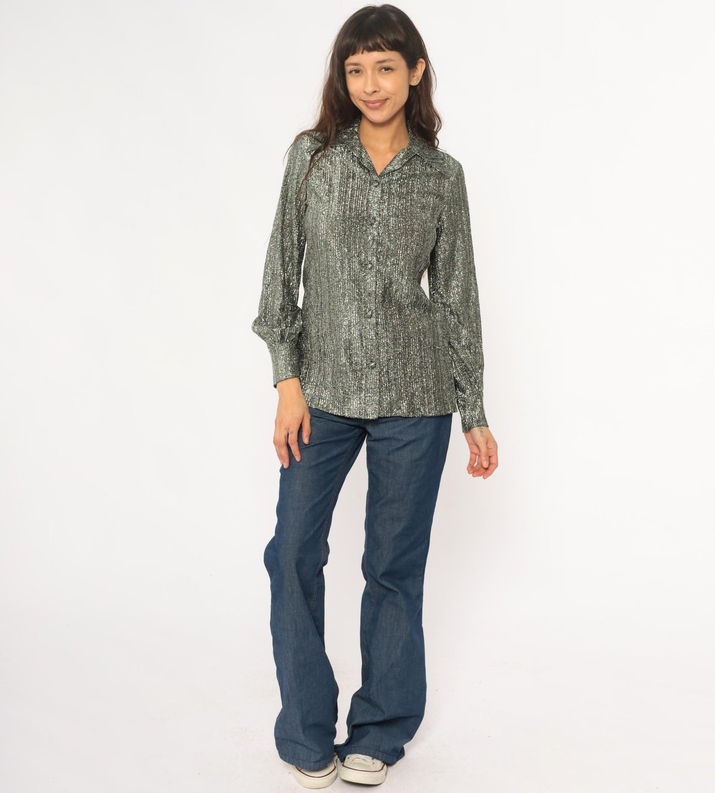 80s Ruth Walter Metallic Silver Blouse Pointed Collar Long Sleeve Small