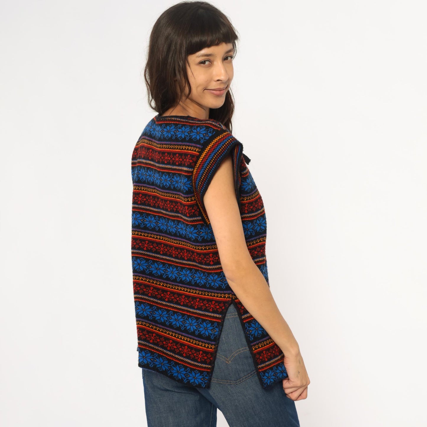 70s Southwestern Fair Isle Vest Tie Front Snowflake Knit Small