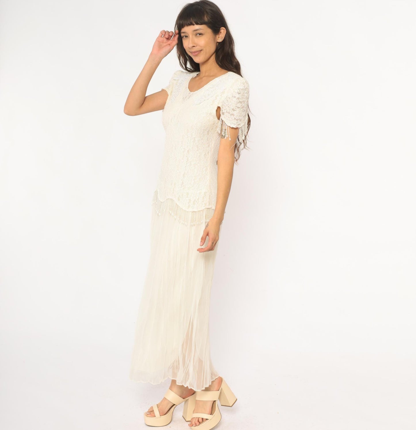80s Cream Lace Puff Sleeve Dress Beaded Grape Detail Maxi Large L