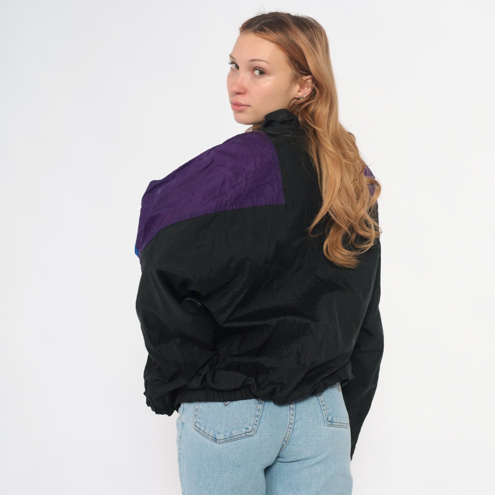 90s Colorblock Windbreaker Black Purple Blue Nylon Jacket Large L