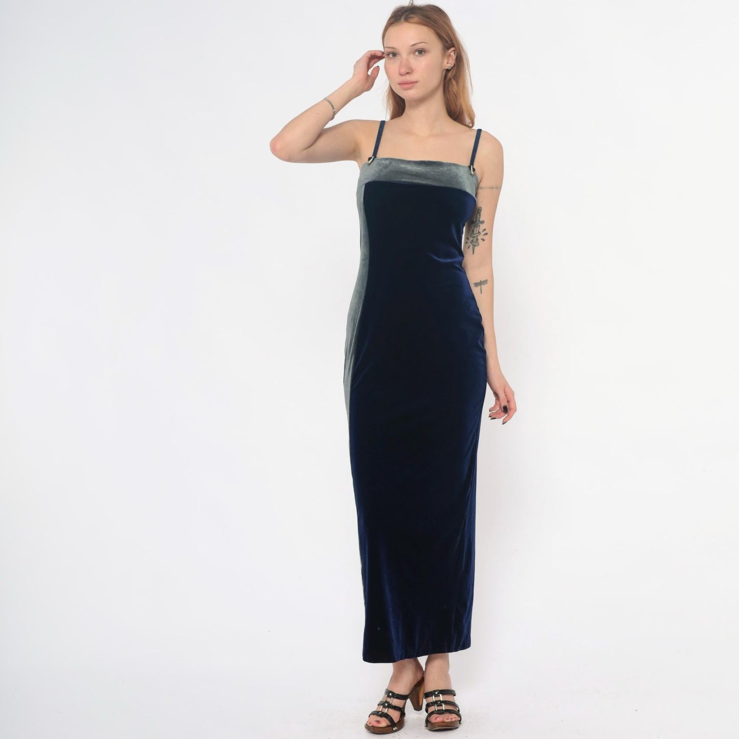 90s Navy Velvet Maxi Dress Spaghetti Strap Column Gold Hardware Medium M