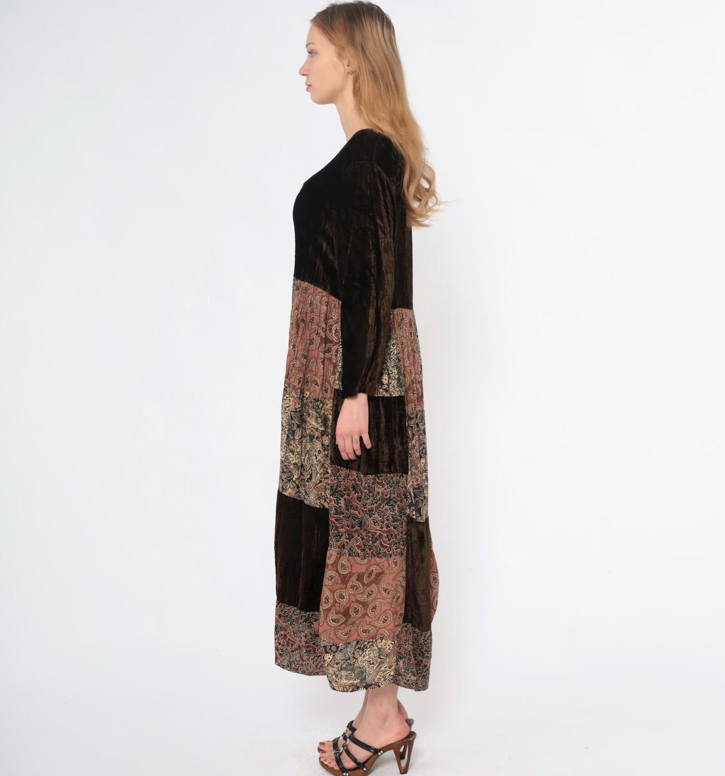 Y2K Bila Patchwork Velvet Maxi Dress Brown Paisley Rayon Small