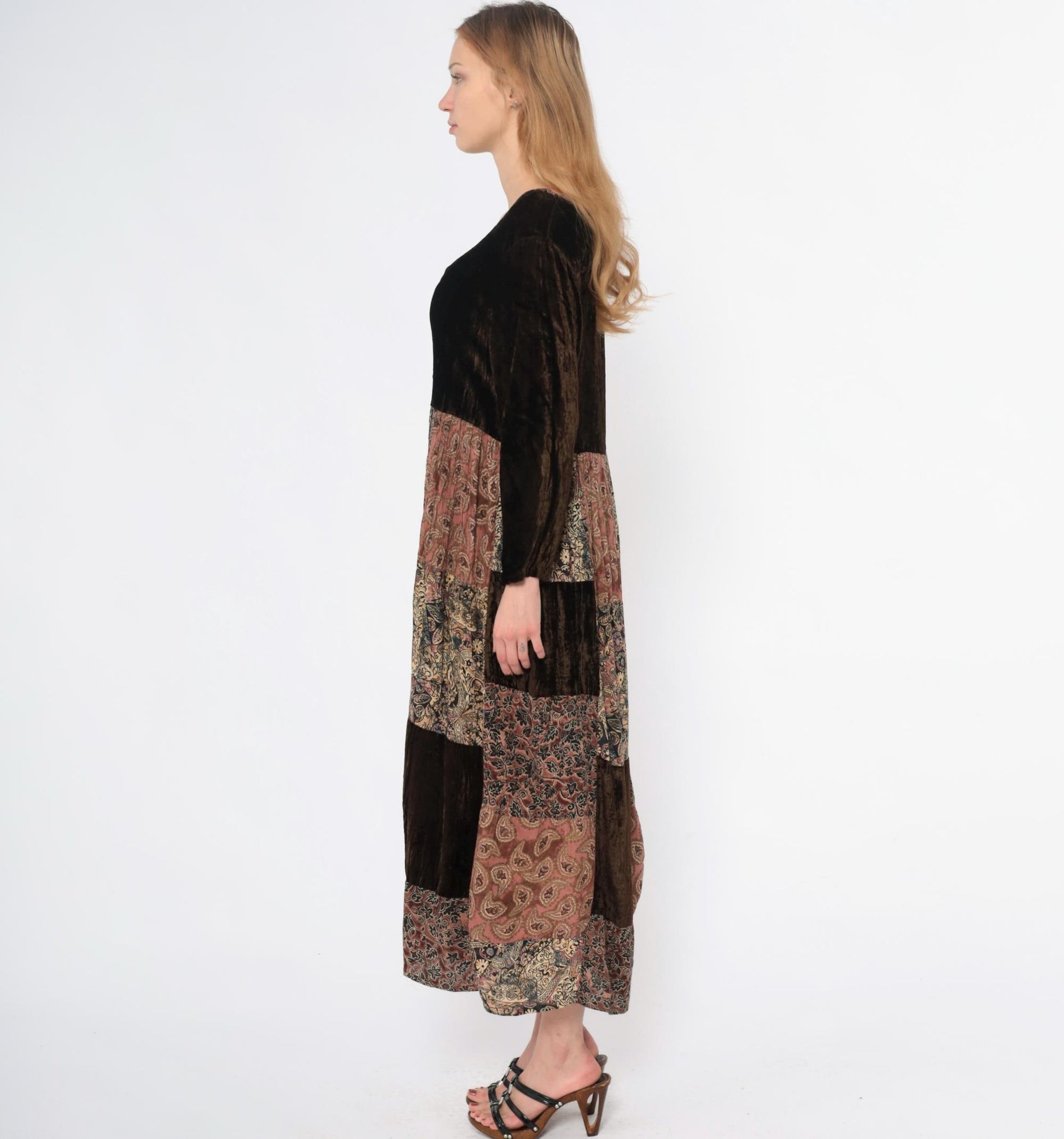 Y2K Bila Patchwork Velvet Maxi Dress Brown Paisley Rayon Small
