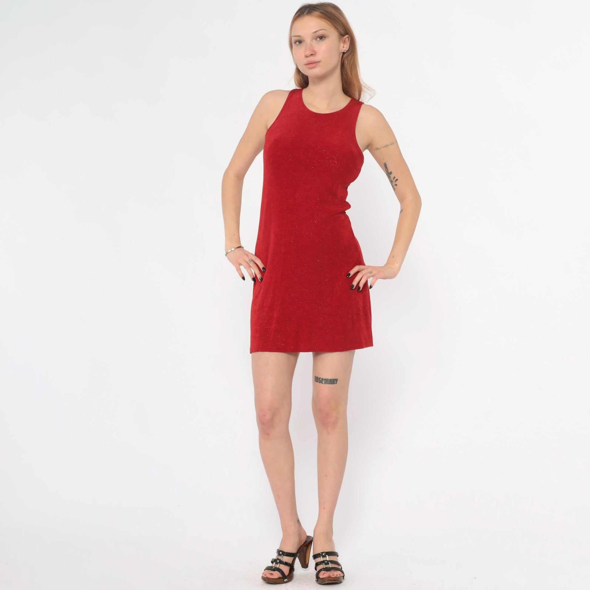 90s Red Sparkle Mini Dress Sleeveless Keyhole Back Small S