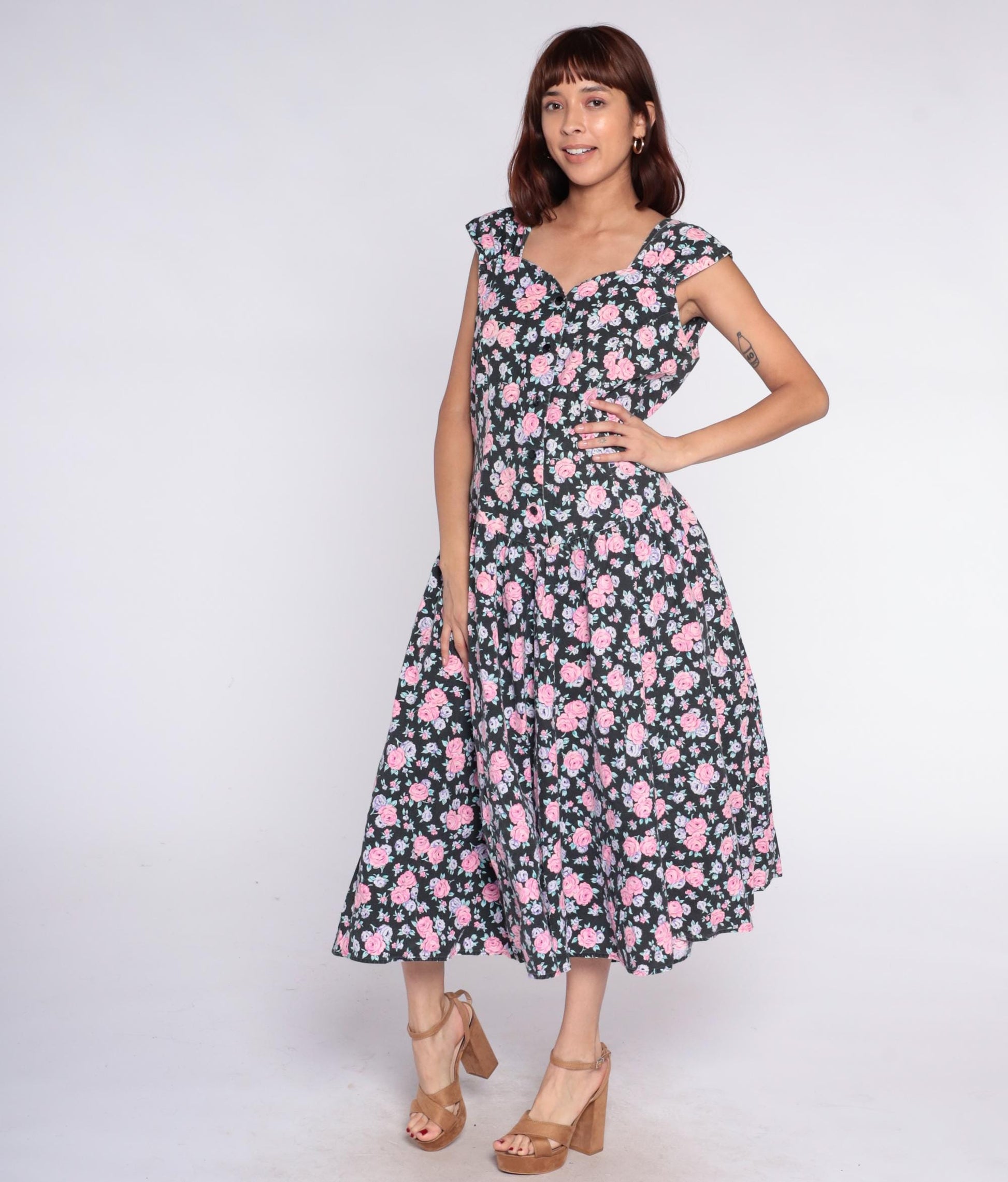 90s Black Floral Midi Dress Pink Rose Lavender Cap Sleeve V-Neck Medium