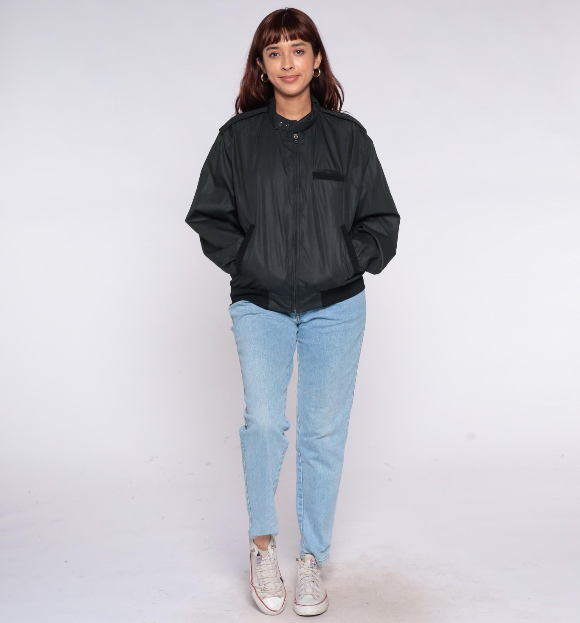 80s Black Bomber Jacket Windbreaker Flight Epaulettes Zip Front Large L