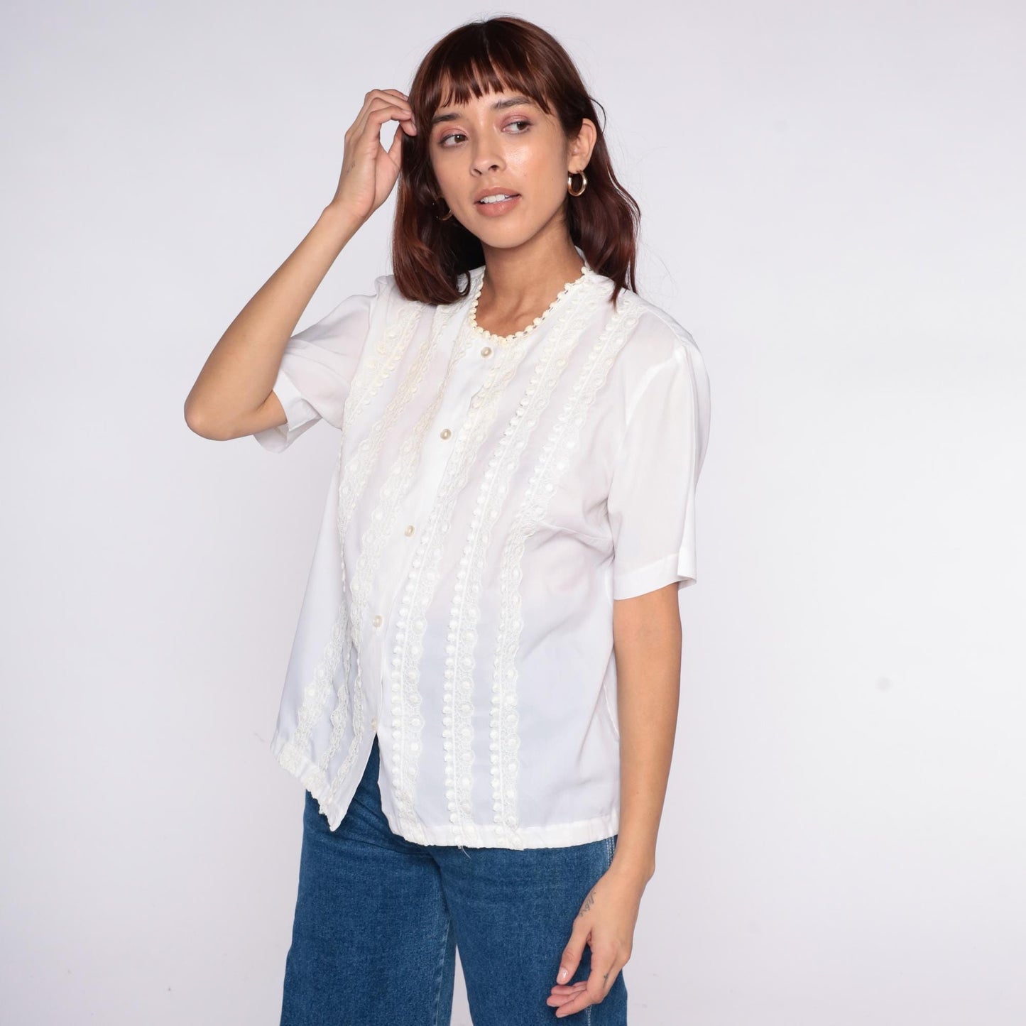 70s La Rose California White Blouse Scalloped Lace Embroidered Button Front Large
