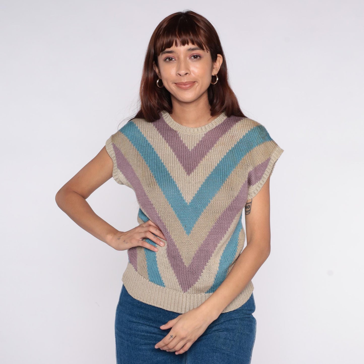 80s Chevron Stripe Knit Sweater Purple Turquoise Cream Short Sleeve Small