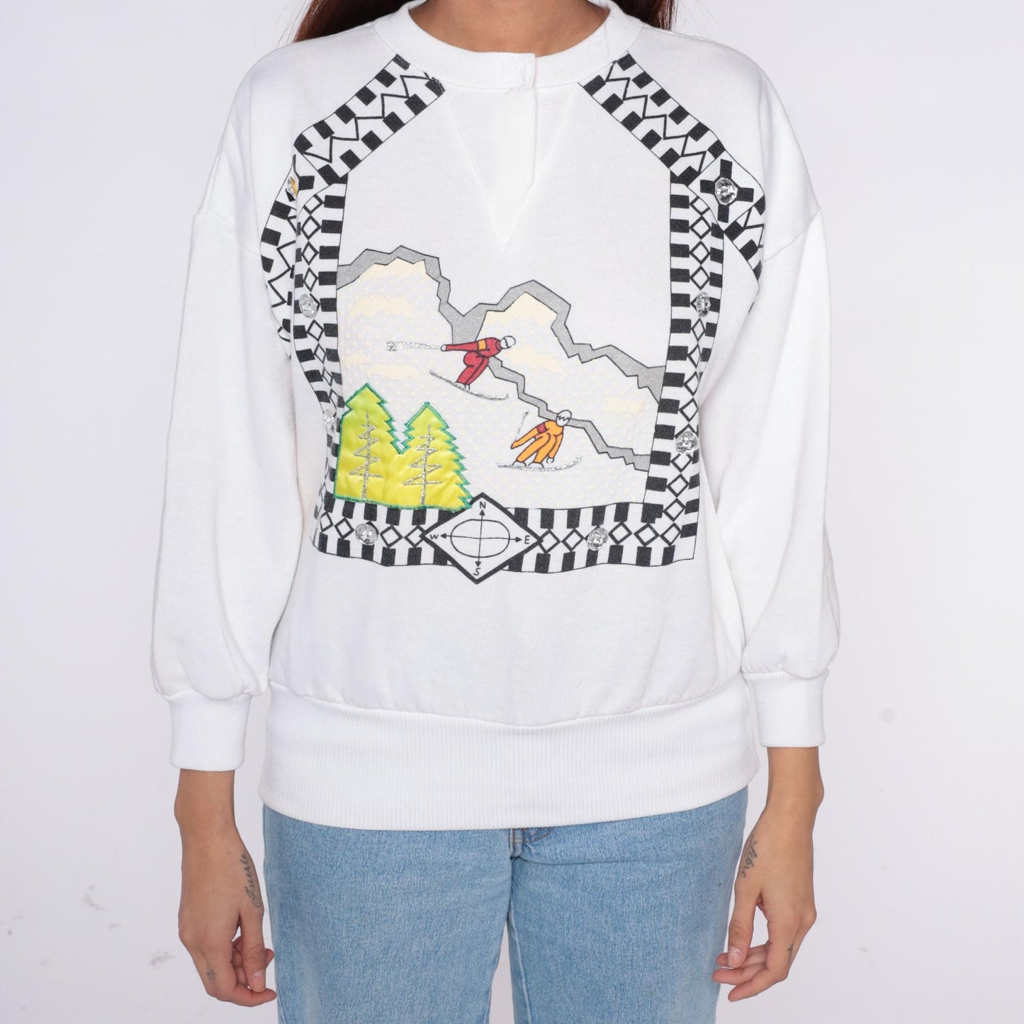 90s Cristina Ski Sweatshirt White Graphic Mountain Scene Crewneck Medium M