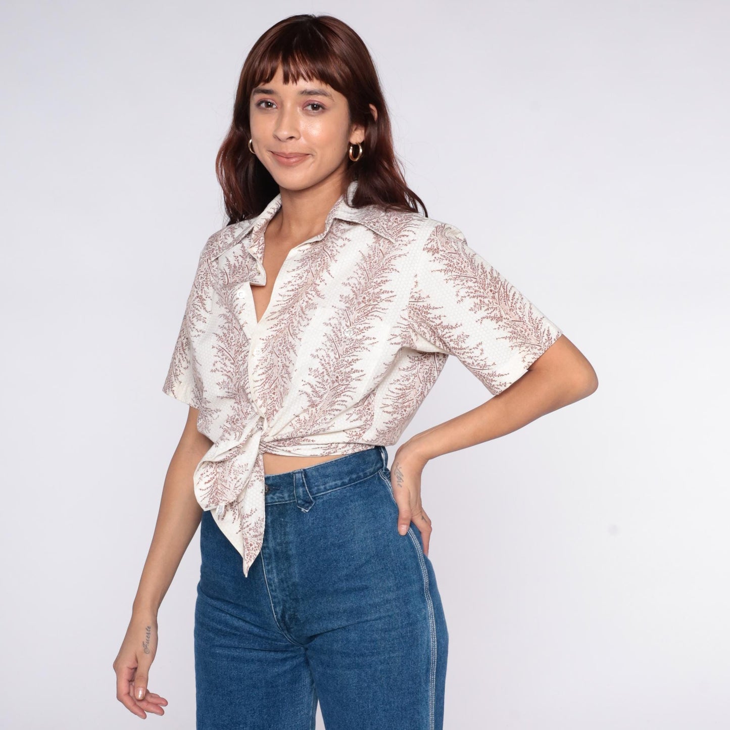70s Jandy Place Fern Print Button-Up Blouse Cream Brown Short Sleeve Small