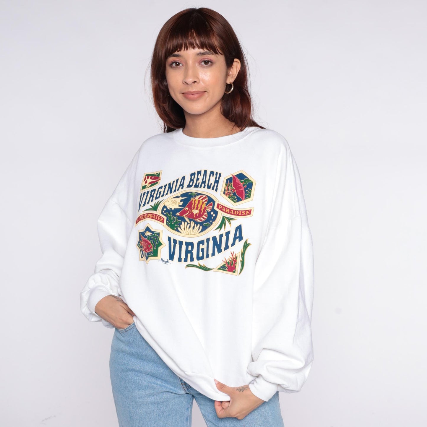90s Virginia Beach Sweatshirt Plus Size XXL White Tropical Fish Graphic Pullover
