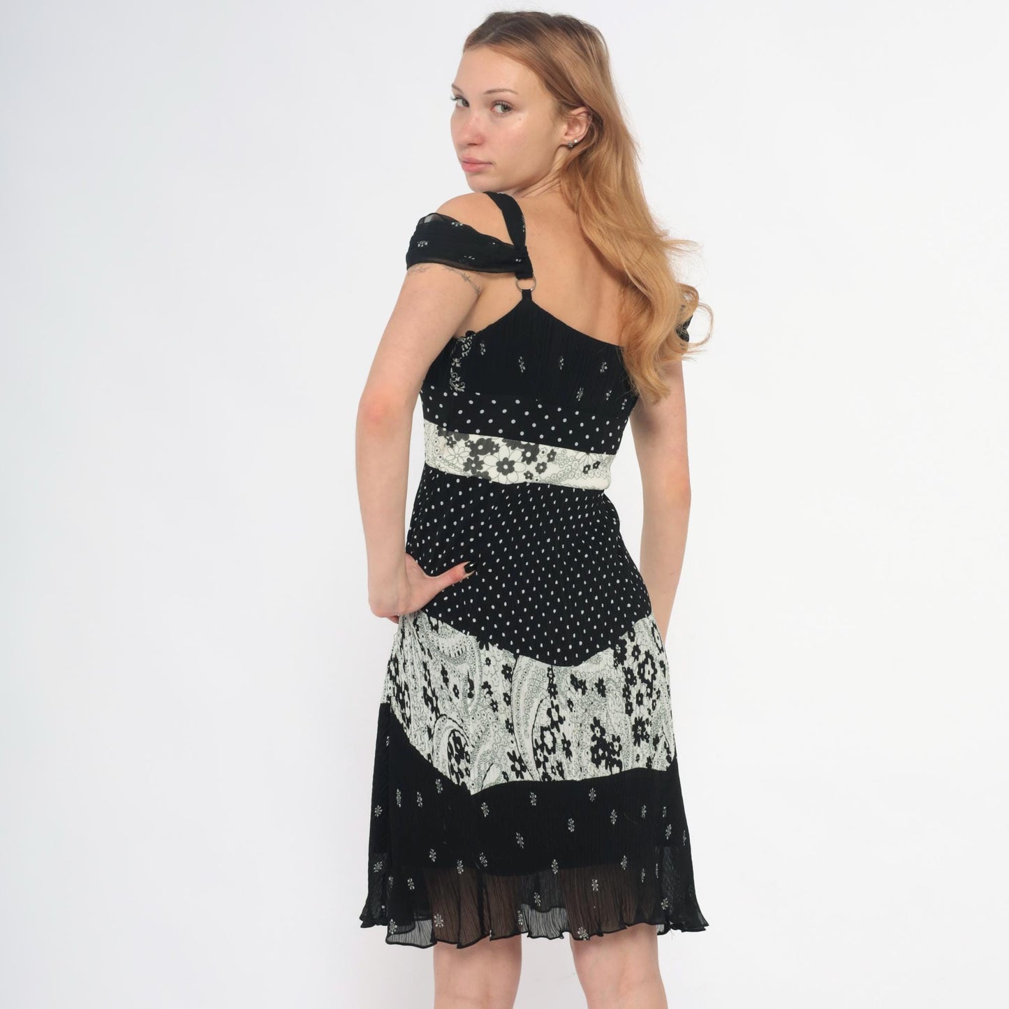 Y2K Alberto Makali Black Mini Dress Mixed Print Cold Shoulder Small S