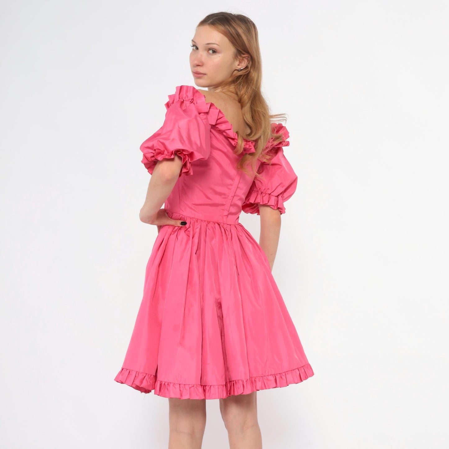 70s Hot Pink Off-Shoulder Puff Sleeve Dress Ruffle Hem Extra Small XS
