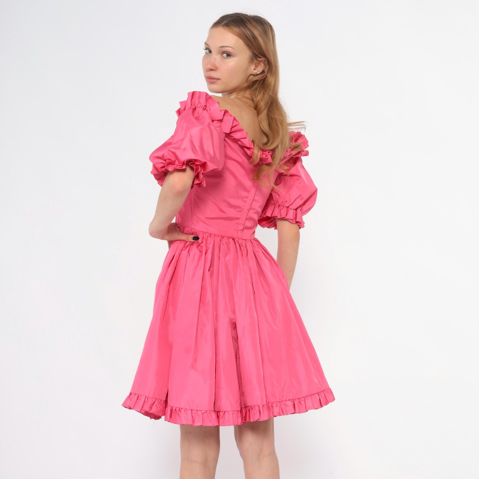 70s Hot Pink Off-Shoulder Puff Sleeve Dress Ruffle Hem Extra Small XS