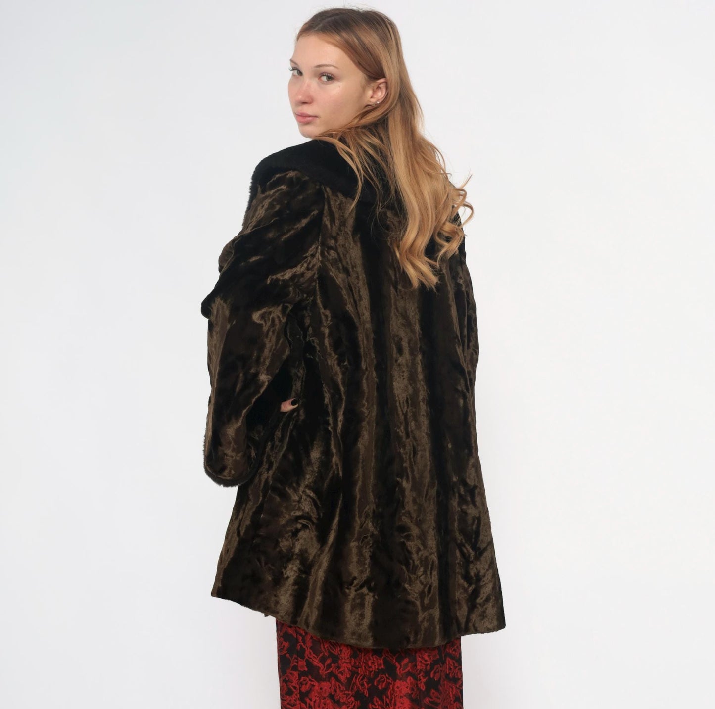 70s Brown Crushed Velvet Coat Black Faux Fur Collar Button Front Extra Large XXL