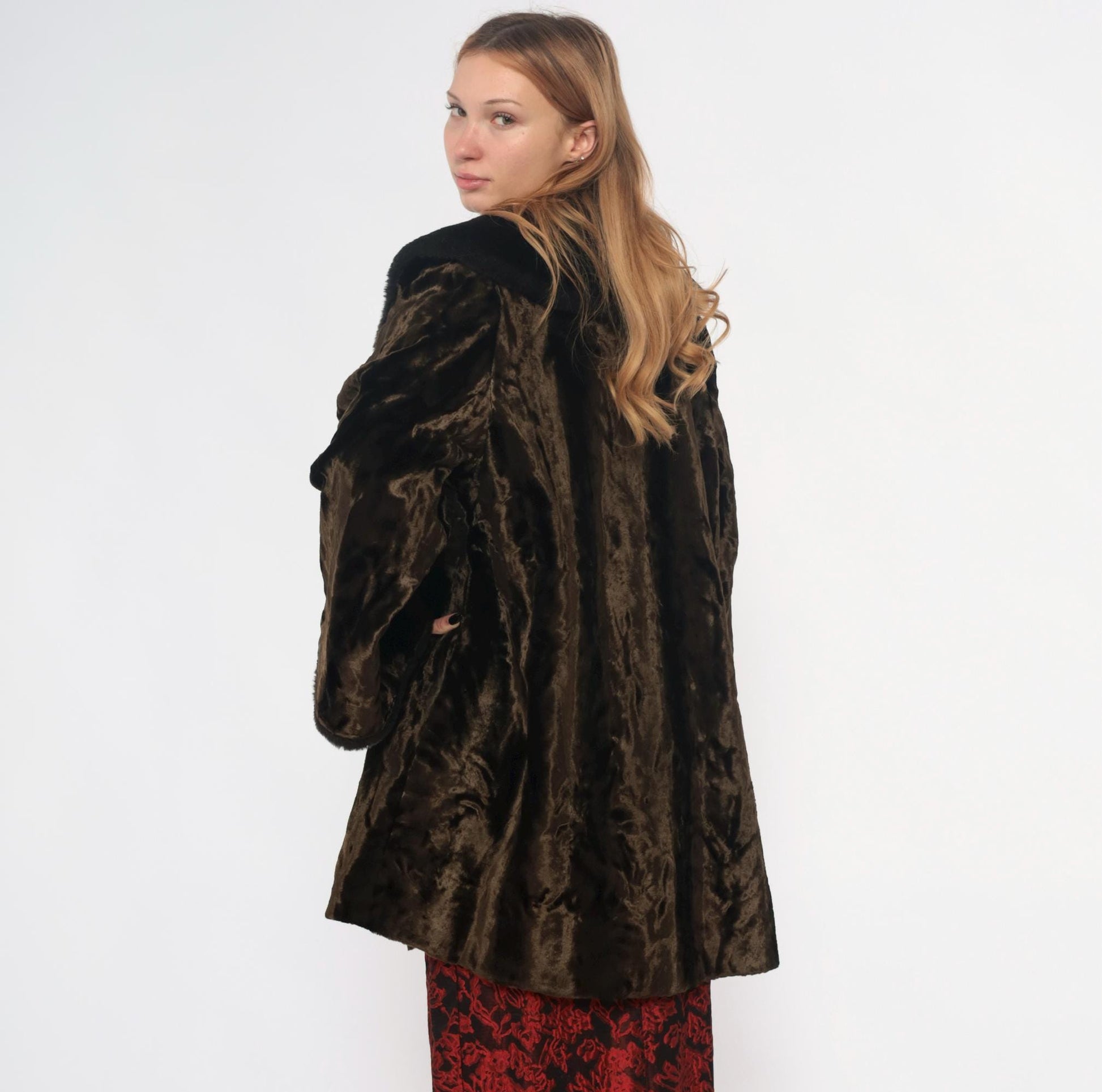 70s Brown Crushed Velvet Coat Black Faux Fur Collar Button Front Extra Large XXL
