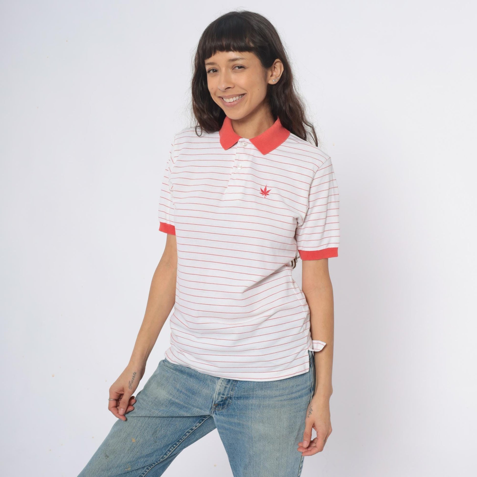 90s Boast Striped Polo Shirt Red White Cannabis Leaf Embroidered Medium