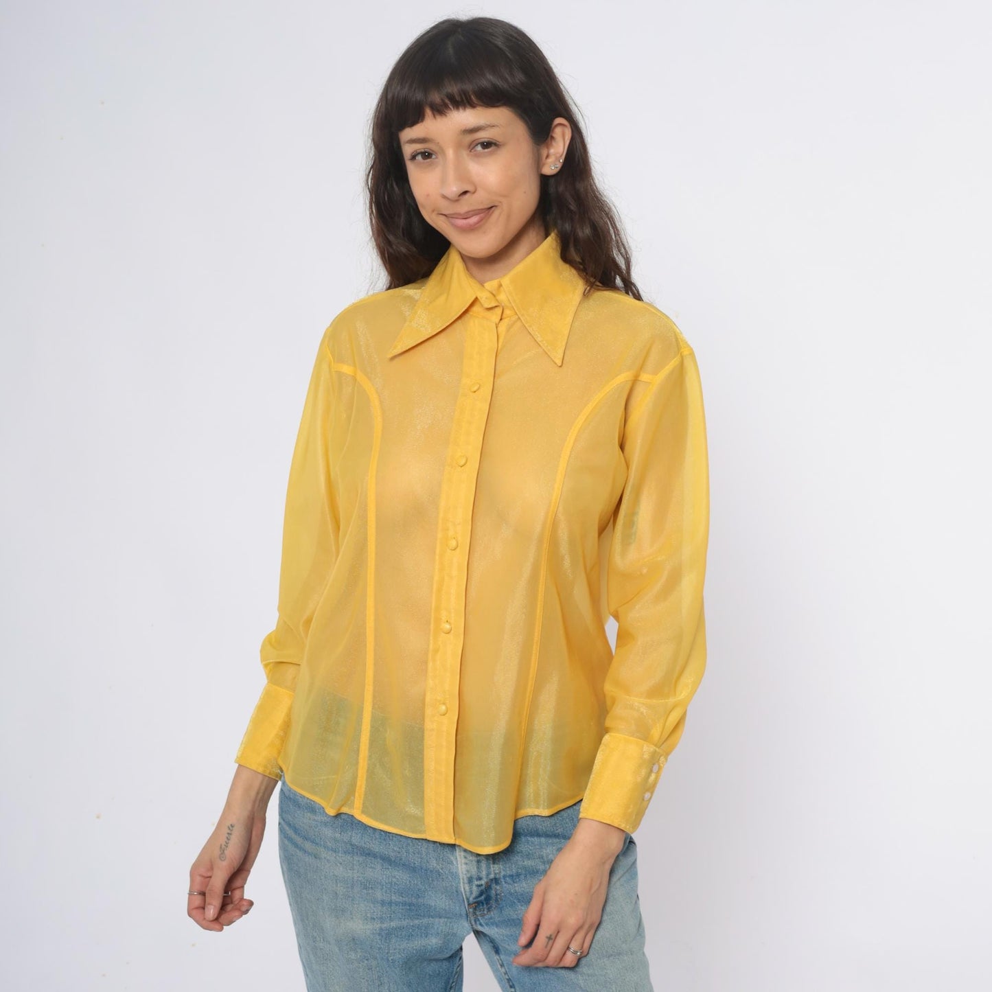 80s Lady Marlboro Yellow Nylon Blouse Button Front Pointed Collar Medium