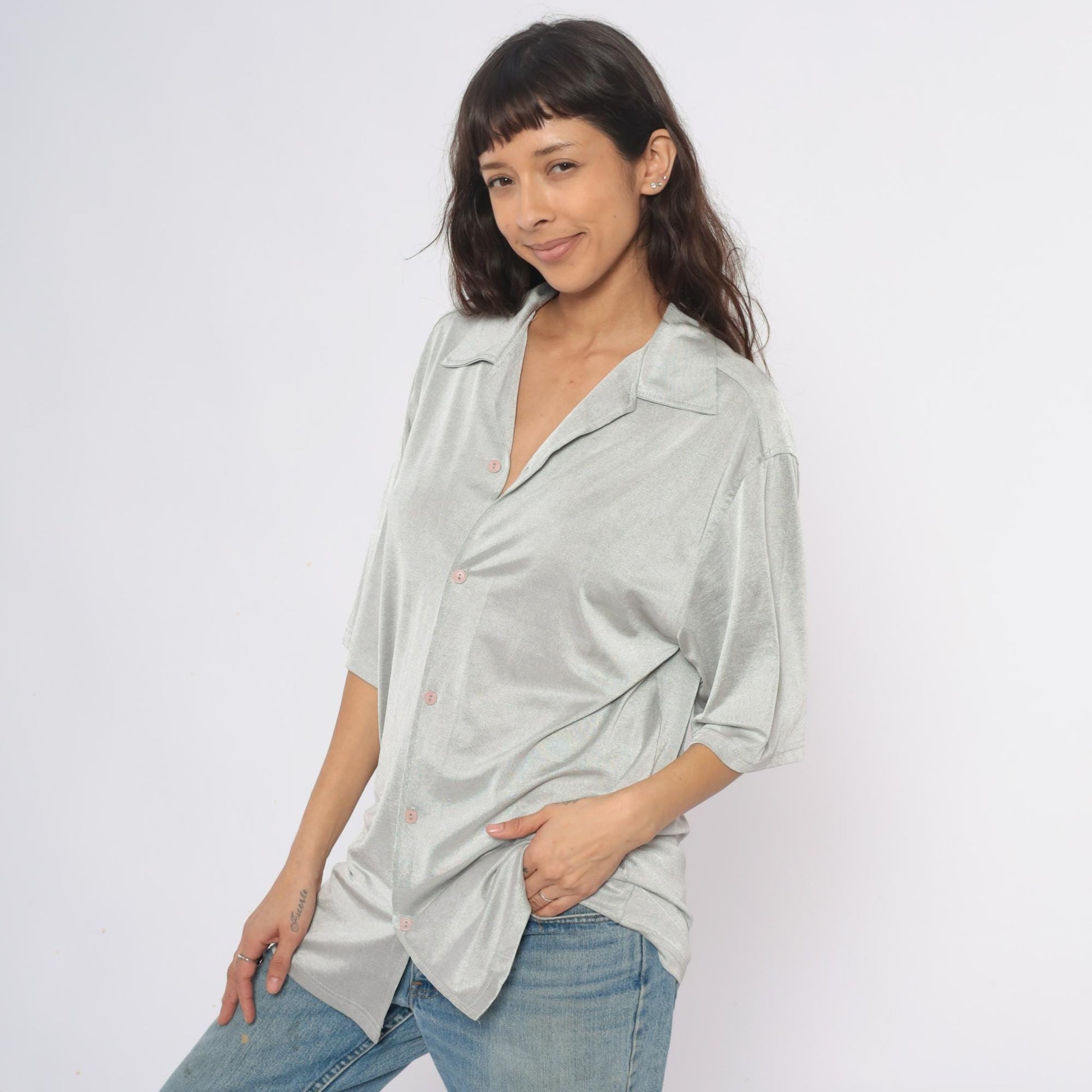 90s Silver Button-Front Tunic Shirt Three-Quarter Sleeve Extra Large XL