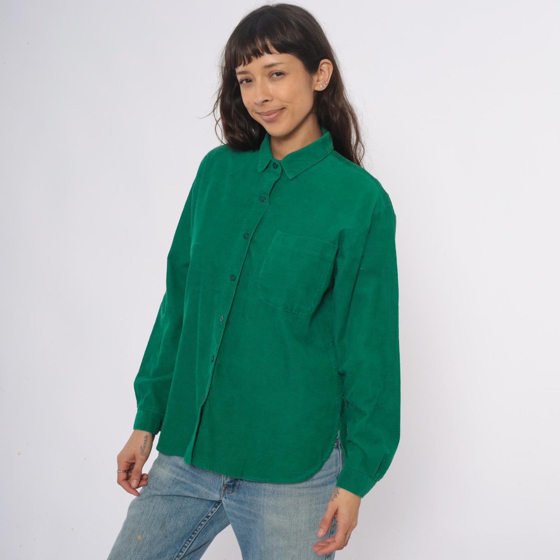 80s Hang Ten Emerald Green Corduroy Shirt Button-Up Long Sleeve Large L