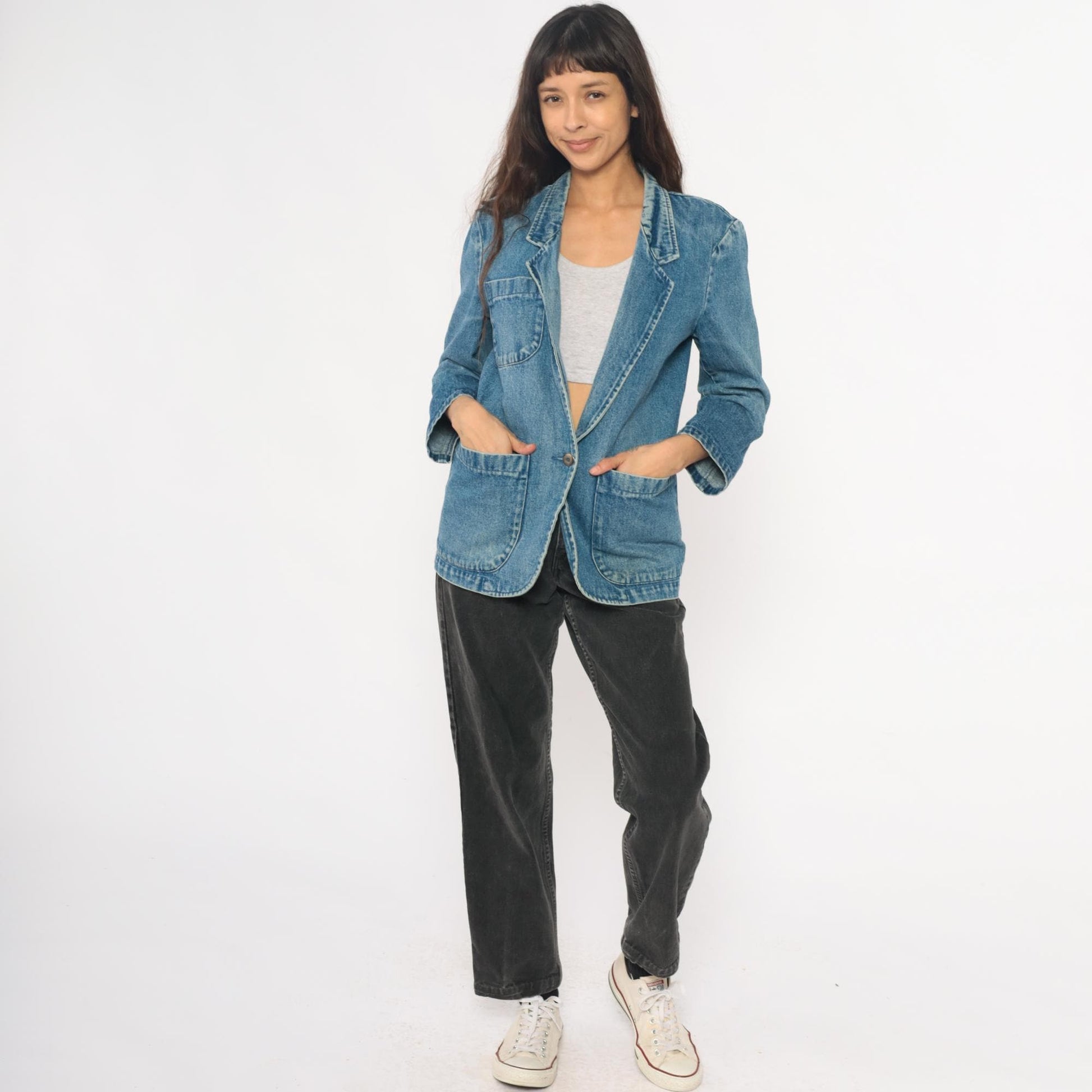 90s Eddie Bauer Denim Blazer Blue Jean Jacket Notched Collar Extra Small XS