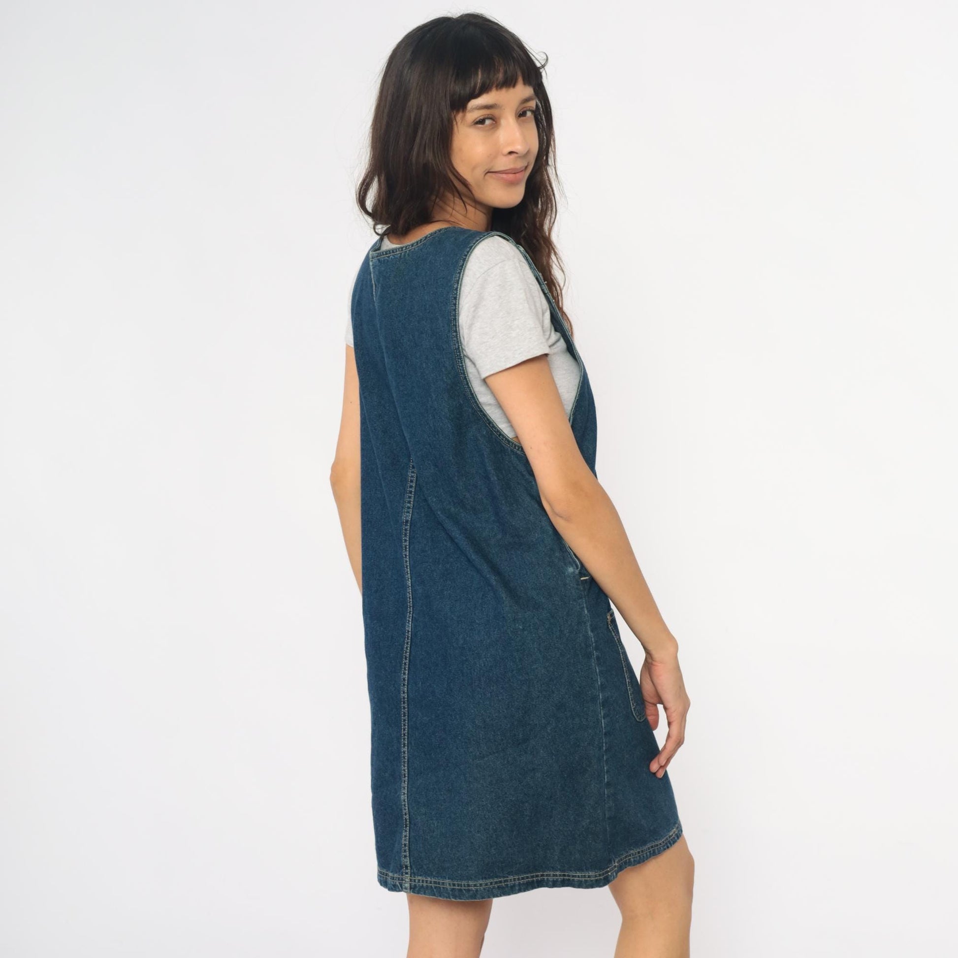 90s Floral Embroidered Denim Jumper Dress Blue Jean Pinafore Medium M