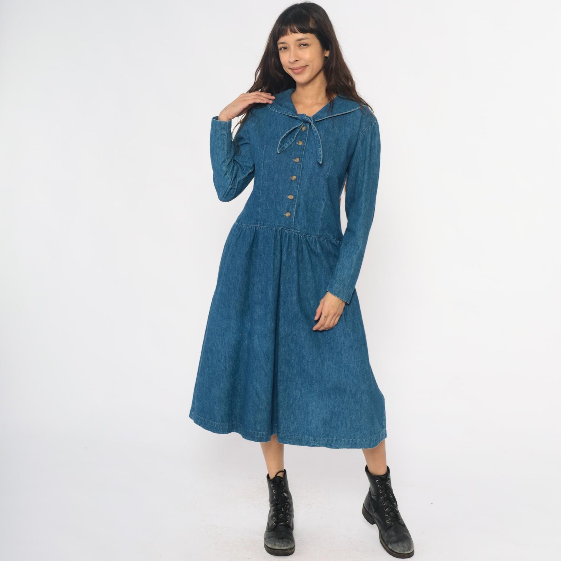 90s All Week Long Denim Shirtdress Blue Cotton Peter Pan Collar Medium