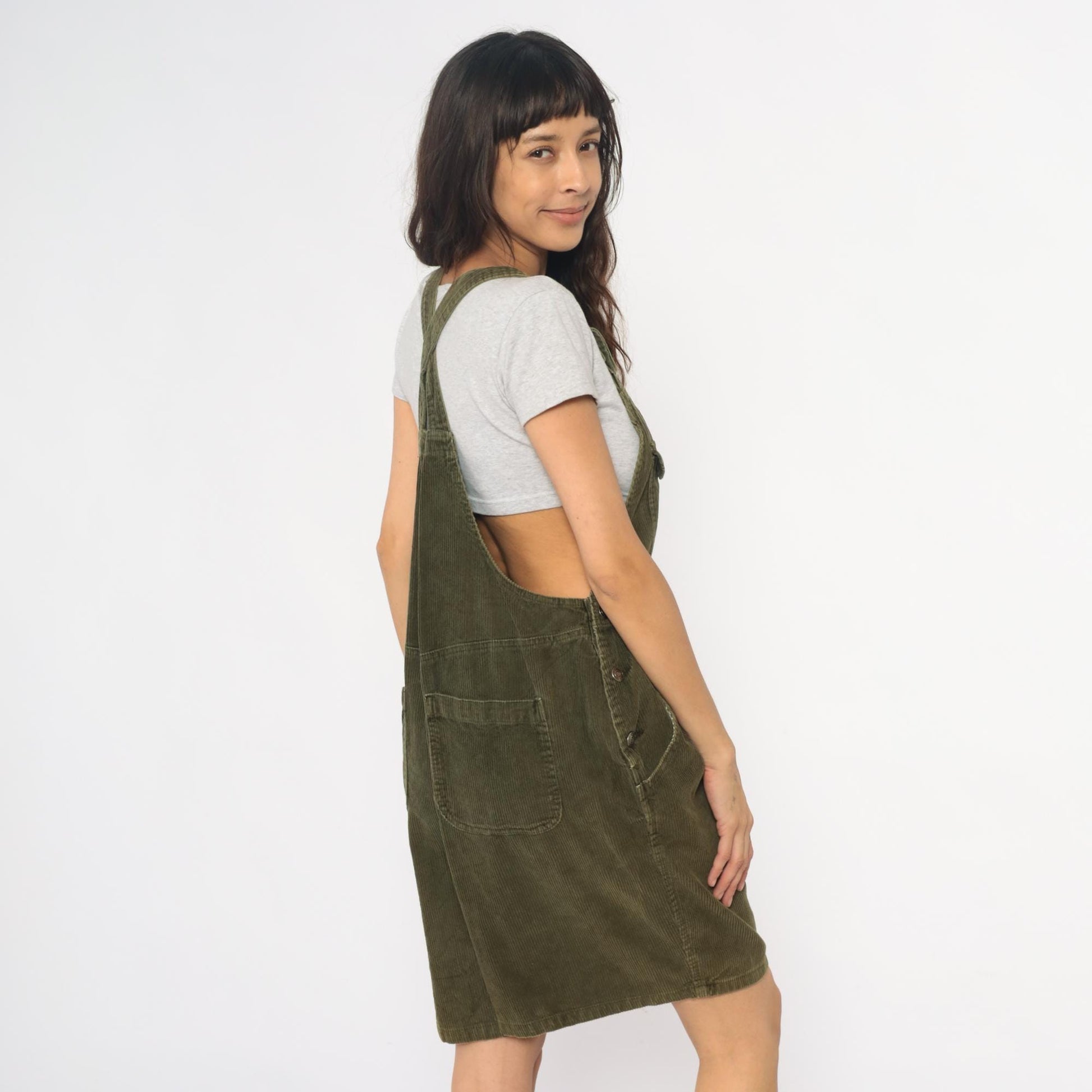 90s Olive Green Corduroy Overall Shorts Adjustable Straps Cross-Back Large L