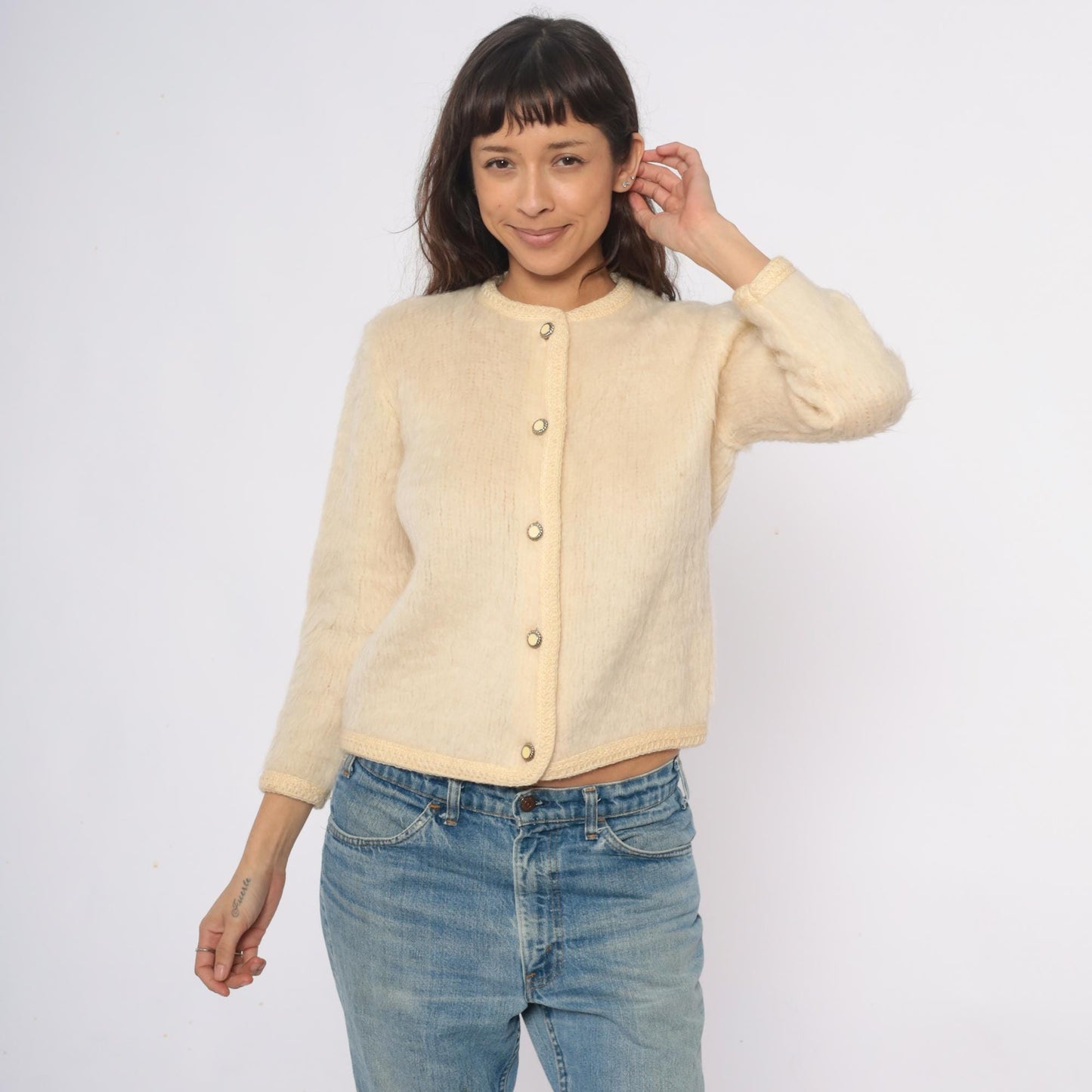 70s Cream Wool Cardigan Peter Pan Collar Textured Knit Small Medium