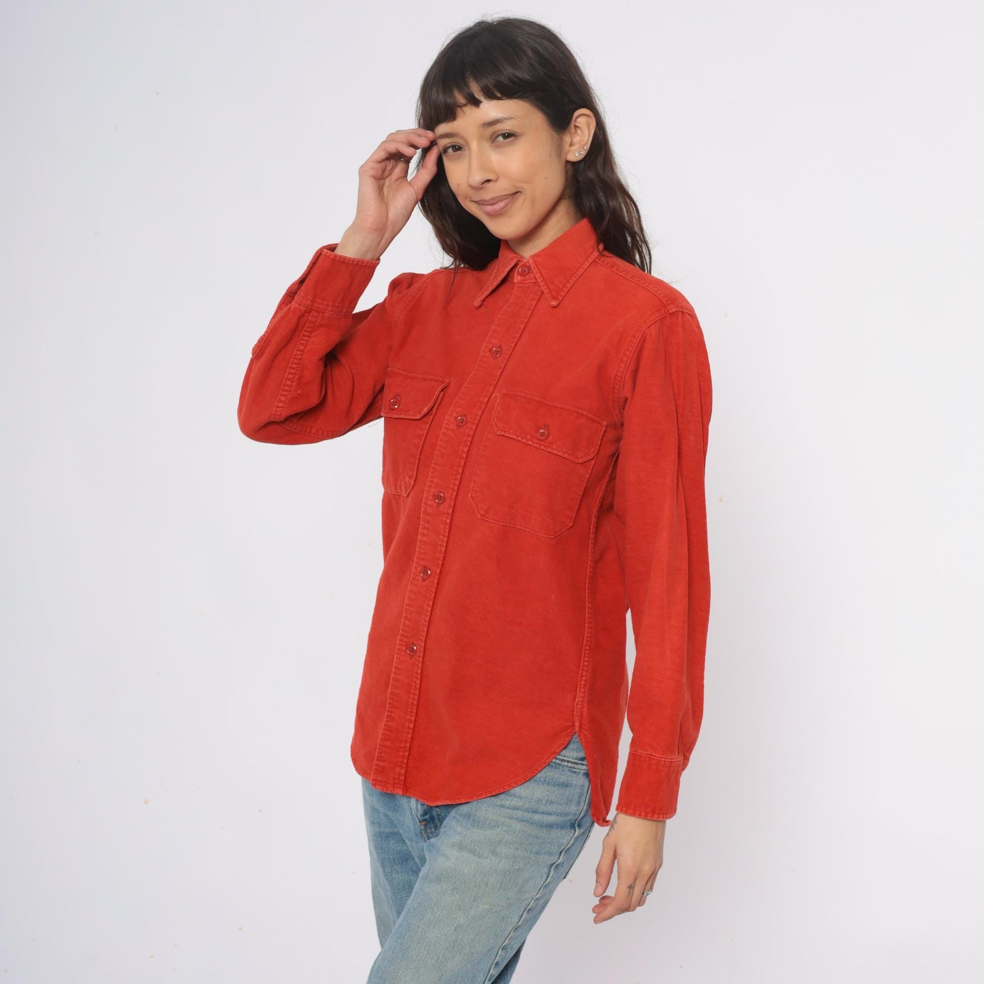 80s Woolrich Orange Button-Up Shirt Long Sleeve Collared Chest Pockets Medium