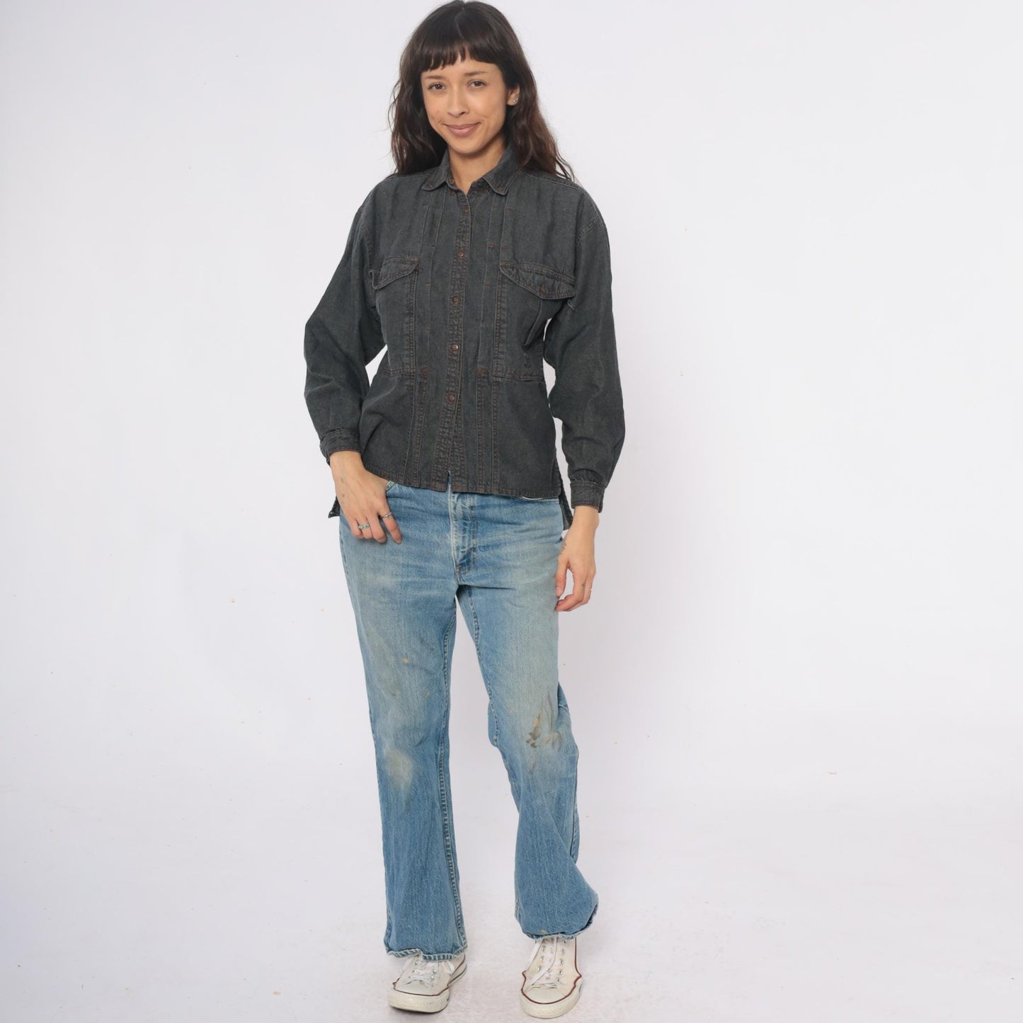 90s Changes Dark Grey Denim Shirt Jacket Cotton Button Front Small