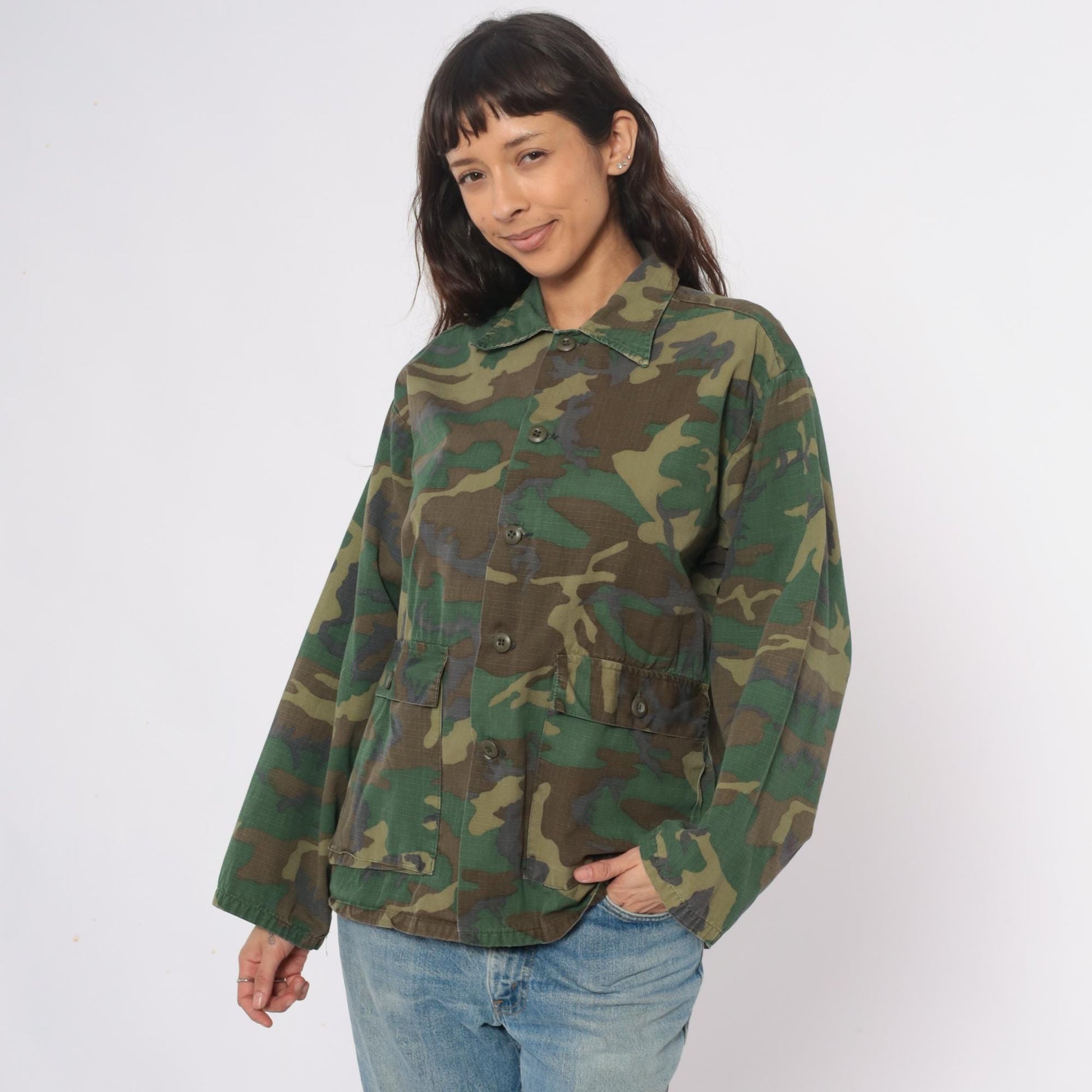 90s Woodland Camo Jacket Military Field Green Brown Utility Medium