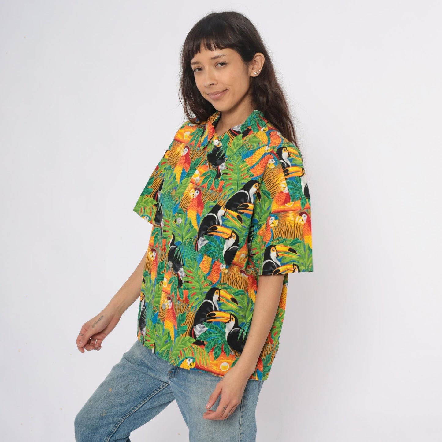 90s Hummingbird Tropical Bird Print Camp Collar Shirt Plus Size XXL