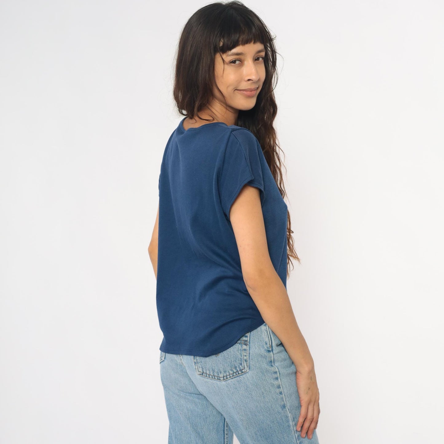 80s Navy Boat Neck T-Shirt Cotton Blend Short Sleeve Medium M
