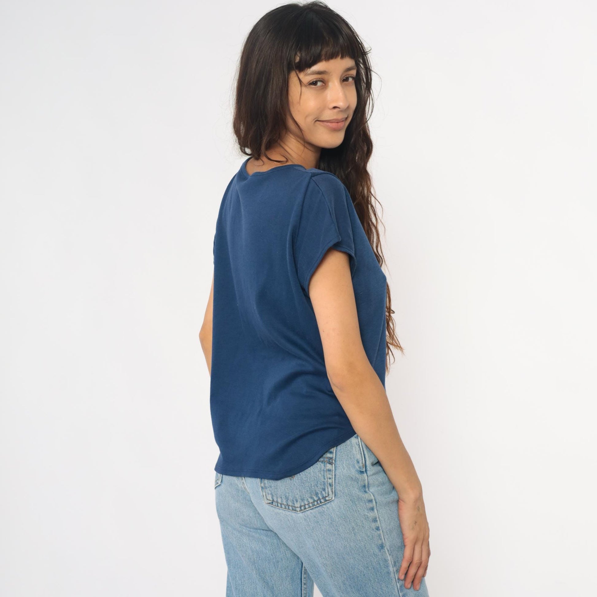 80s Navy Boat Neck T-Shirt Cotton Blend Short Sleeve Medium M