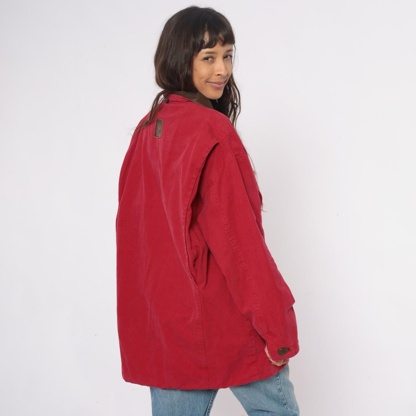 90s Marlboro Red Cotton Barn Jacket Leather Collar Workwear Extra Large XL