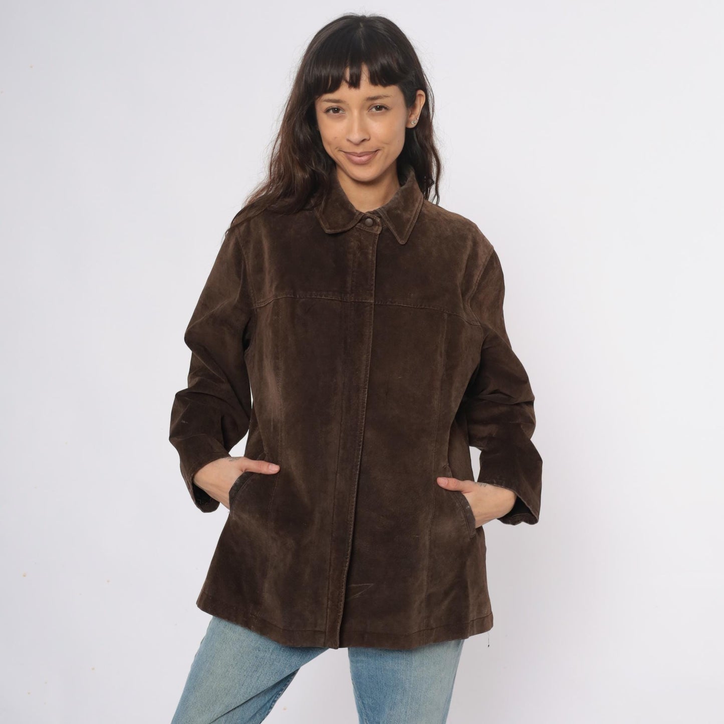90s Ami Brown Suede Leather Jacket Collared Zip Front Large L