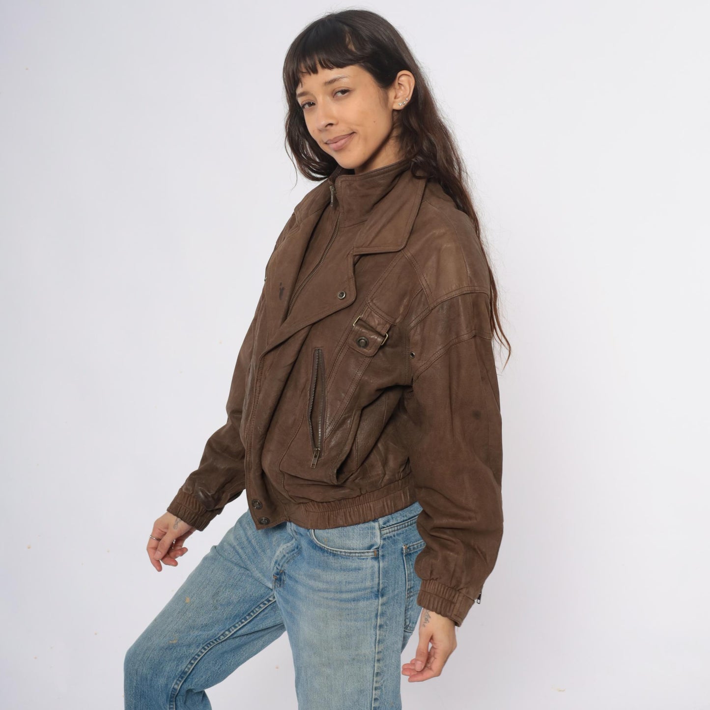 90s Wilsons Leather Brown Bomber Jacket Cropped Moto Zipper Small S