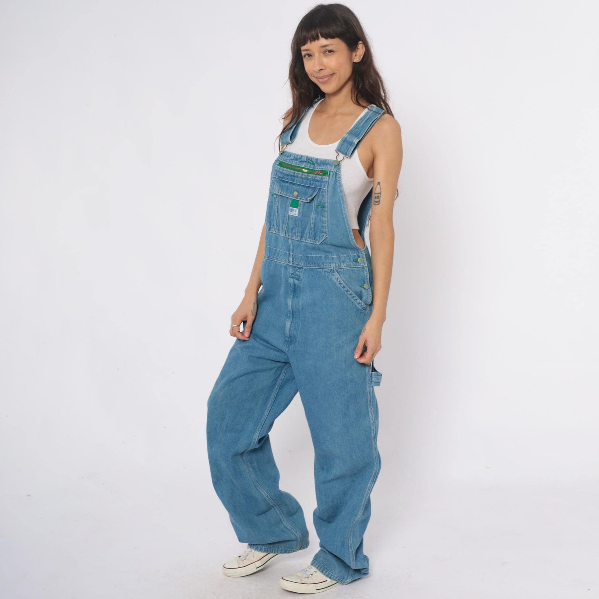 Y2K Liberty Light Blue Denim Overalls Green Stitching Carpenter Large L