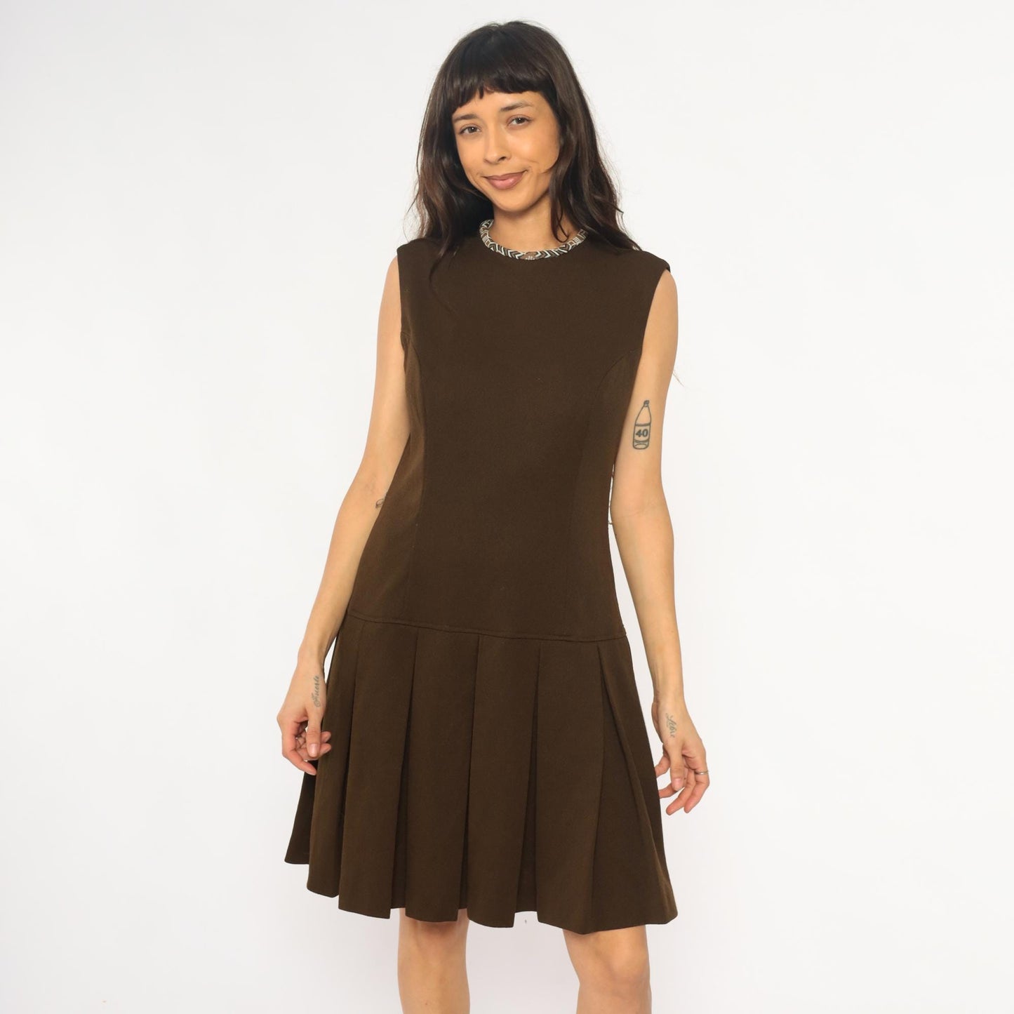 70s Brown Shift Dress Drop Waist Pleated Skirt Geometric Trim Medium M