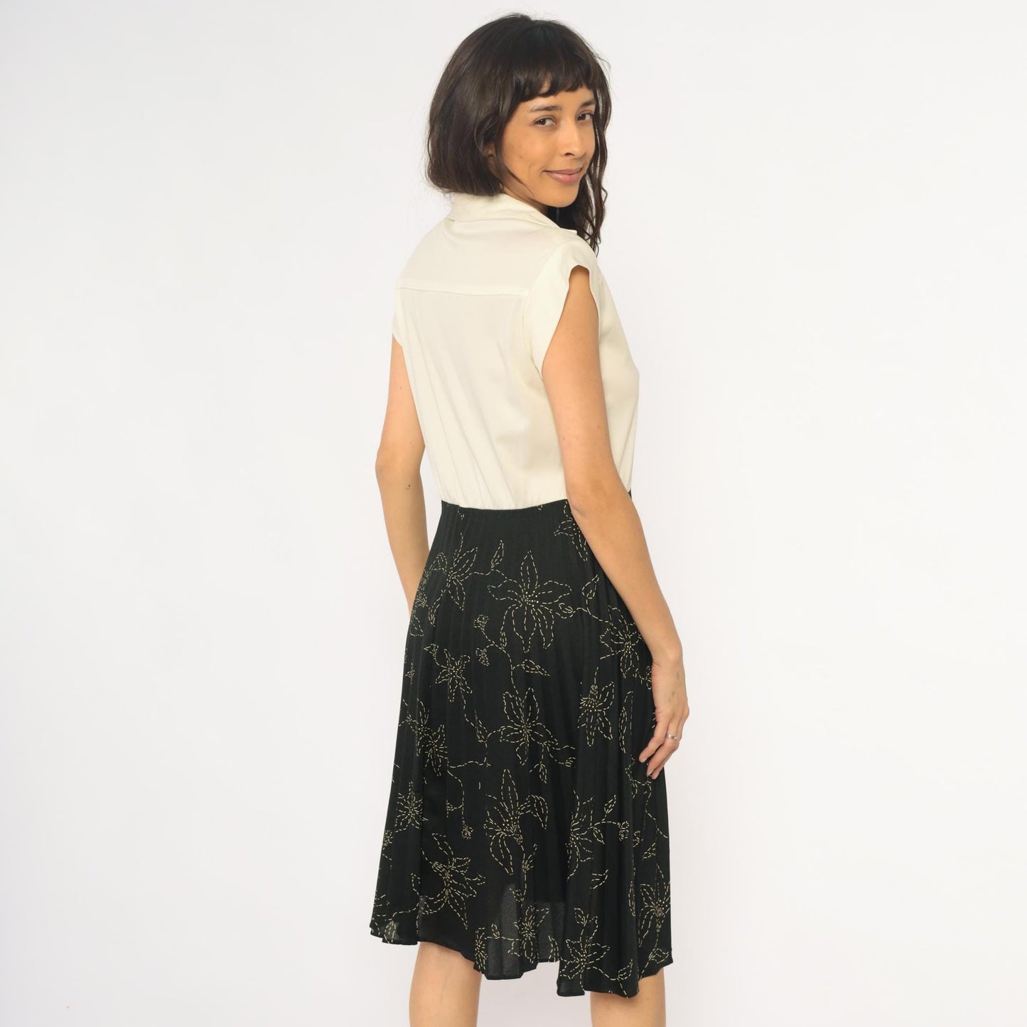 80s Polo Collar Dress Cream Black Floral Colorblock Medium