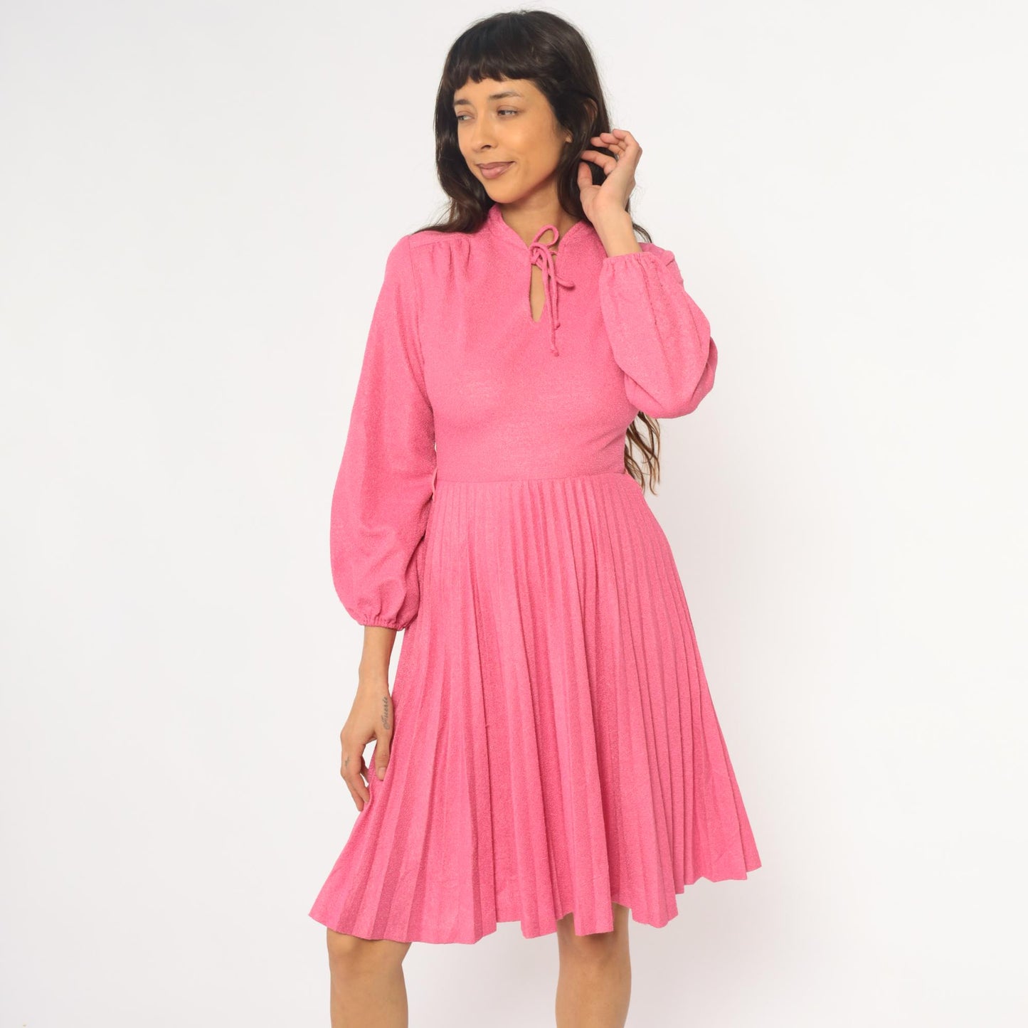 70s Hot Pink Midi Dress Mock Neck Pleated Skirt Bishop Sleeve Extra Small XS