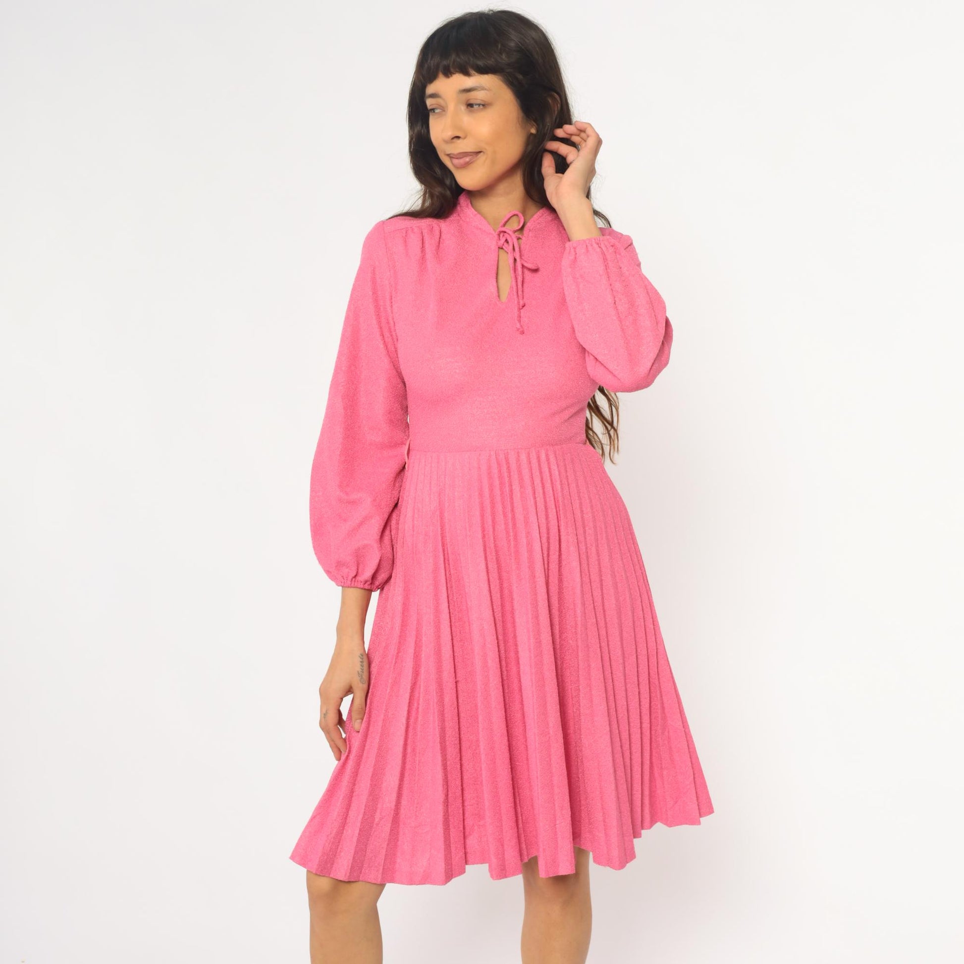 70s Hot Pink Midi Dress Mock Neck Pleated Skirt Bishop Sleeve Extra Small XS