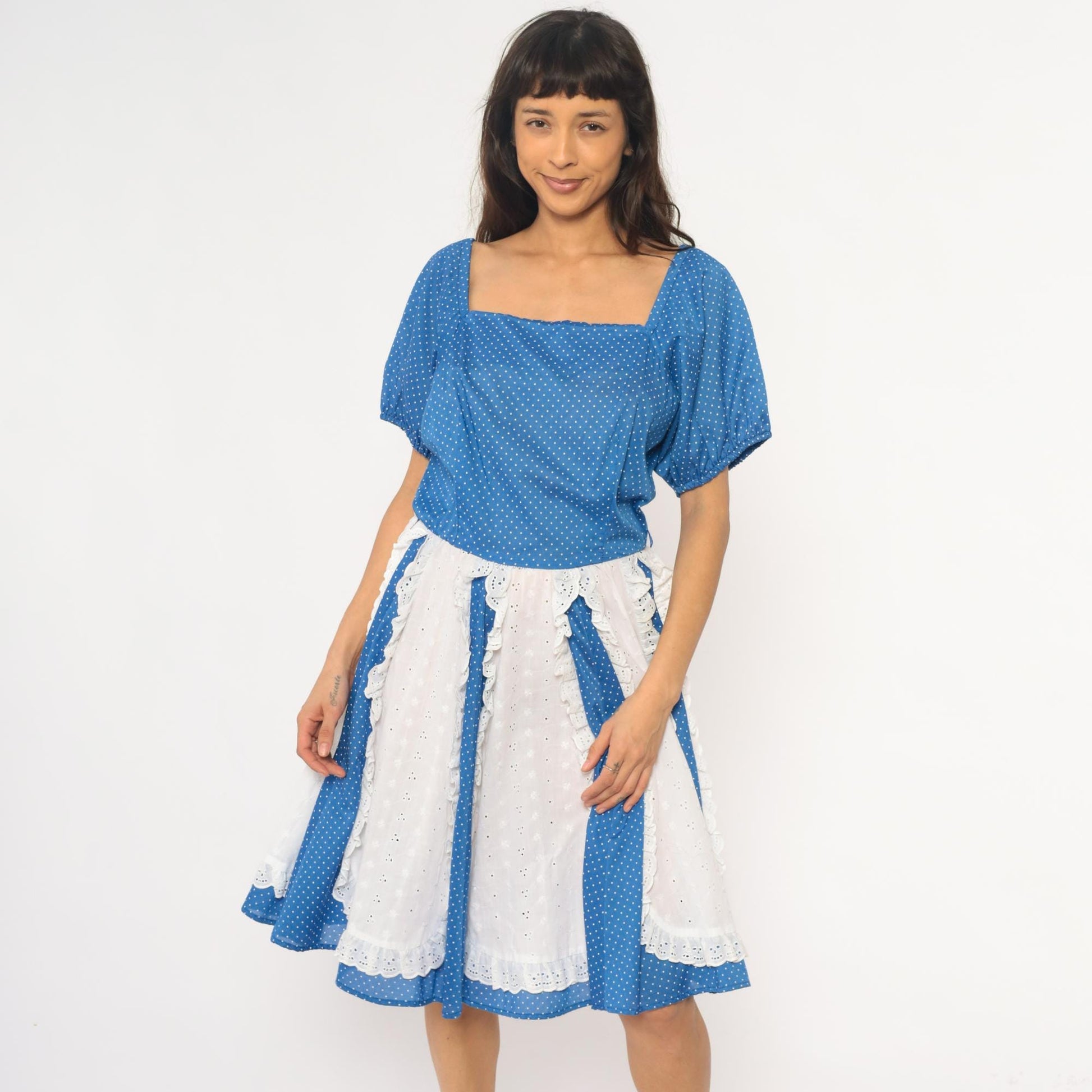 80s Blue Polka Dot Square Dance Dress Puff Sleeve Eyelet Lace Mini Large