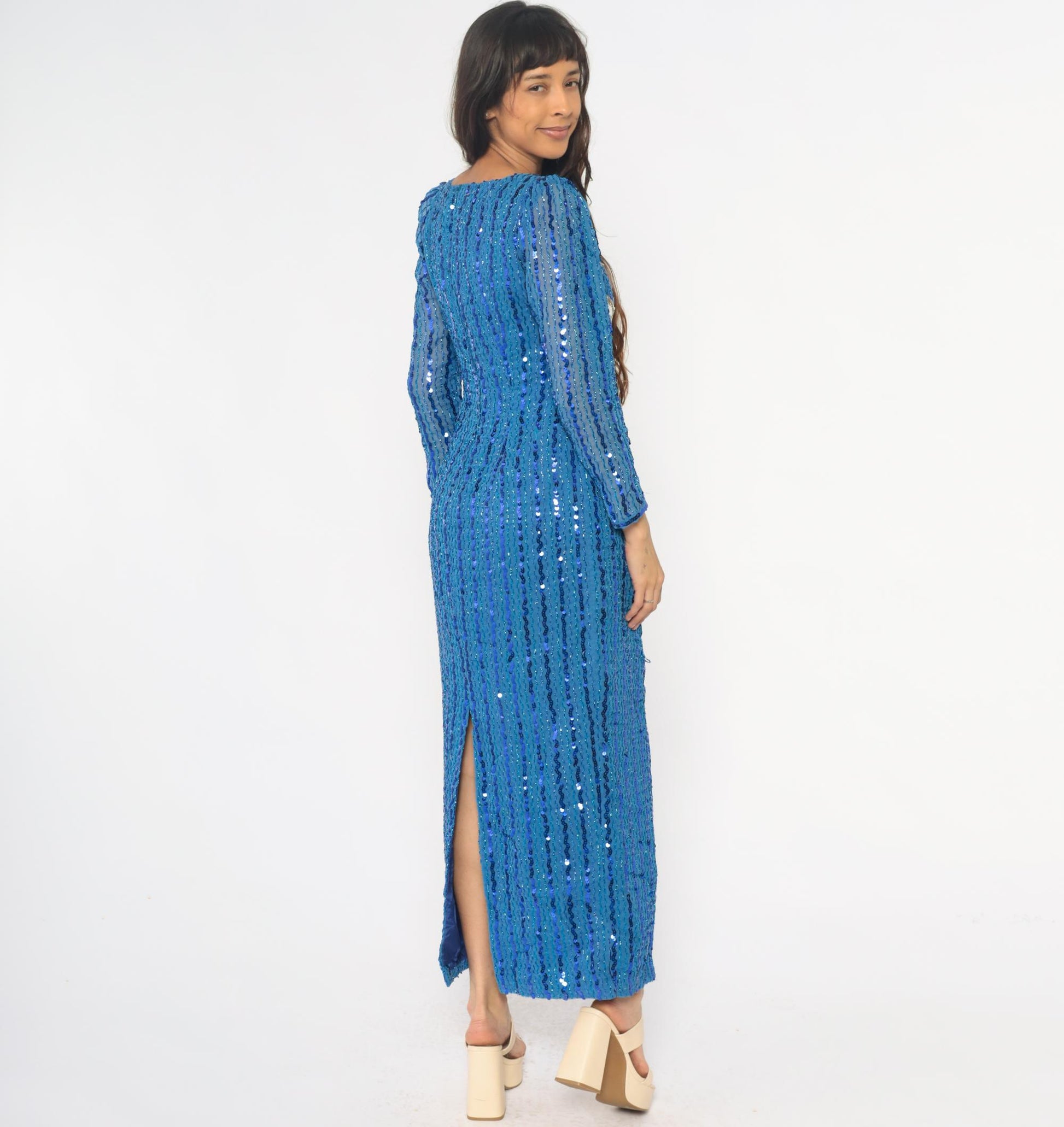 80s Blue Sequin Maxi Dress Long Sleeve V-Neck Silver Motif Small Medium